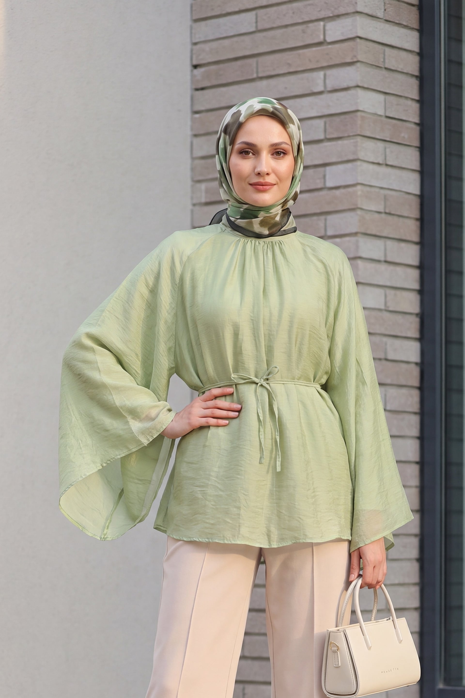 Hakim Collar Belted Lined Spanish Sleeve Oversize Lyocell Tunic - Pale Green - Podyumplus - by Peralane - photo 2