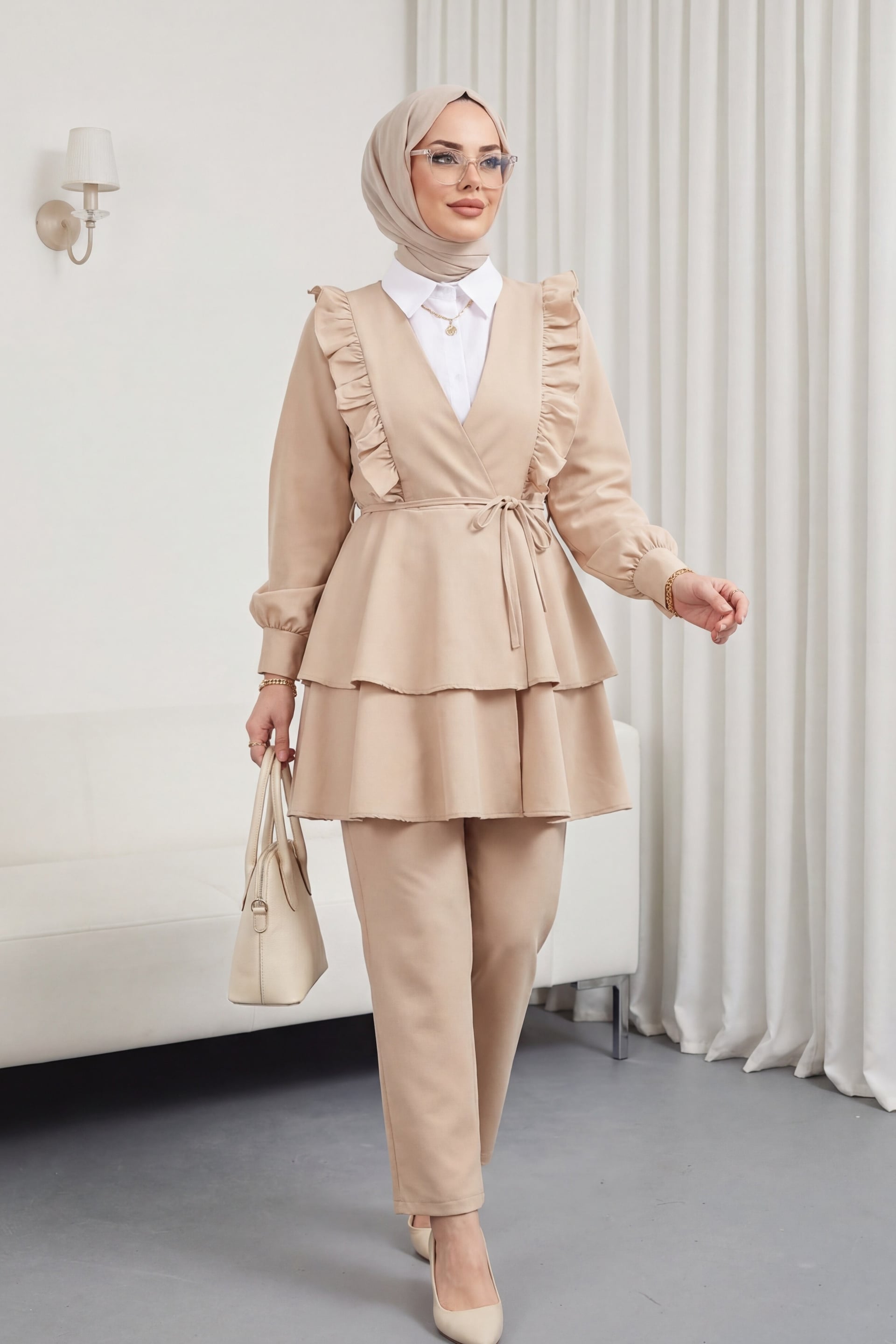 Ruffle Trim Tie-Front Kimono Set with Tiered Trousers - Beige - Podyumplus - by Peralane