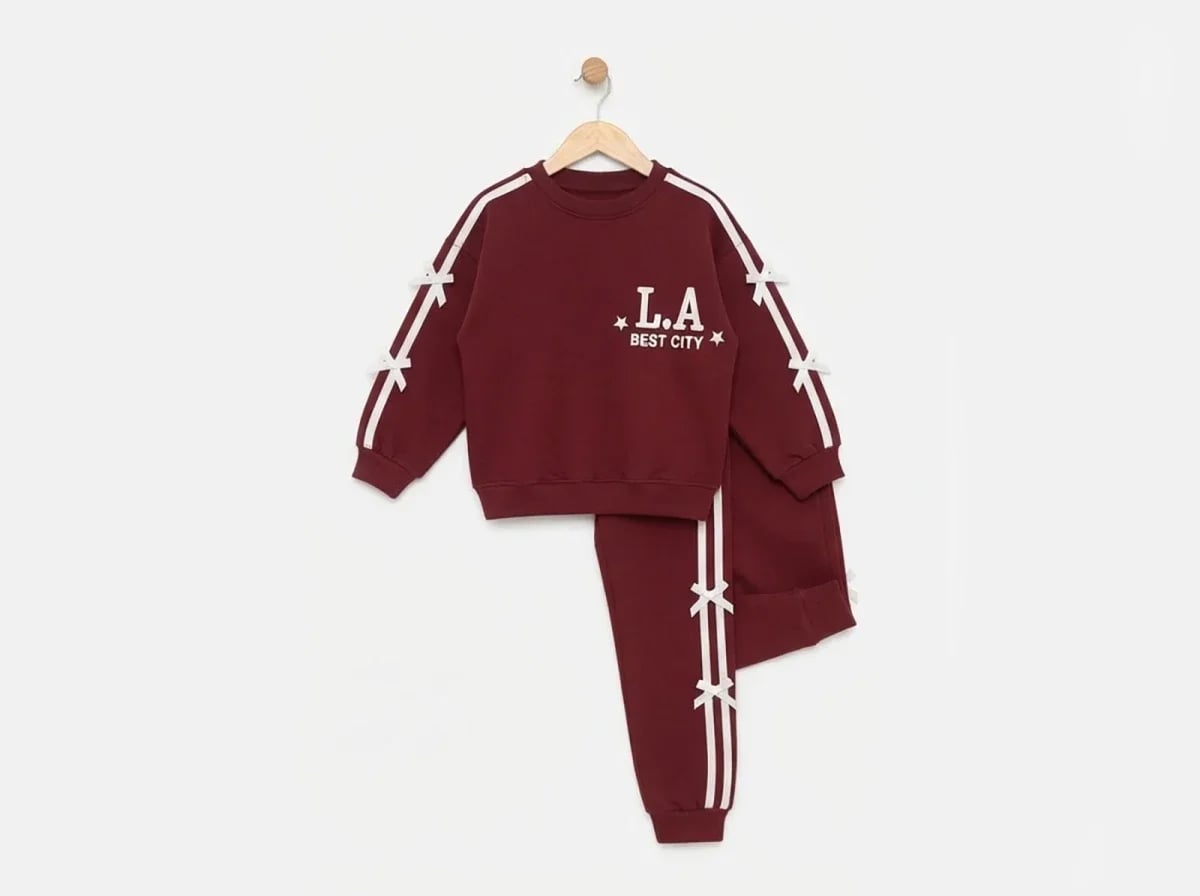 Girls' LA Print Fleece Tracksuit Set in Burgundy - Feely Kids - by Peralane
