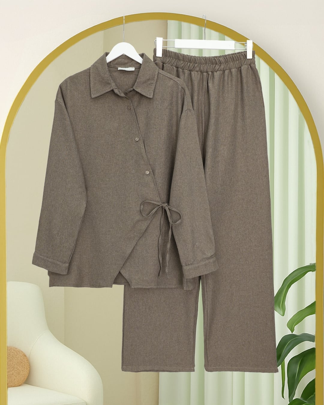 Cross Button Wrap Wide-Leg Modest Set - Taupe - Podyumplus - by Peralane - photo 5