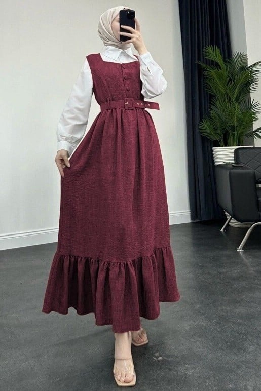 Button-Front Frilled-Hem Belted Jile Dress - Maroon - Podyumplus - by Peralane - photo 6