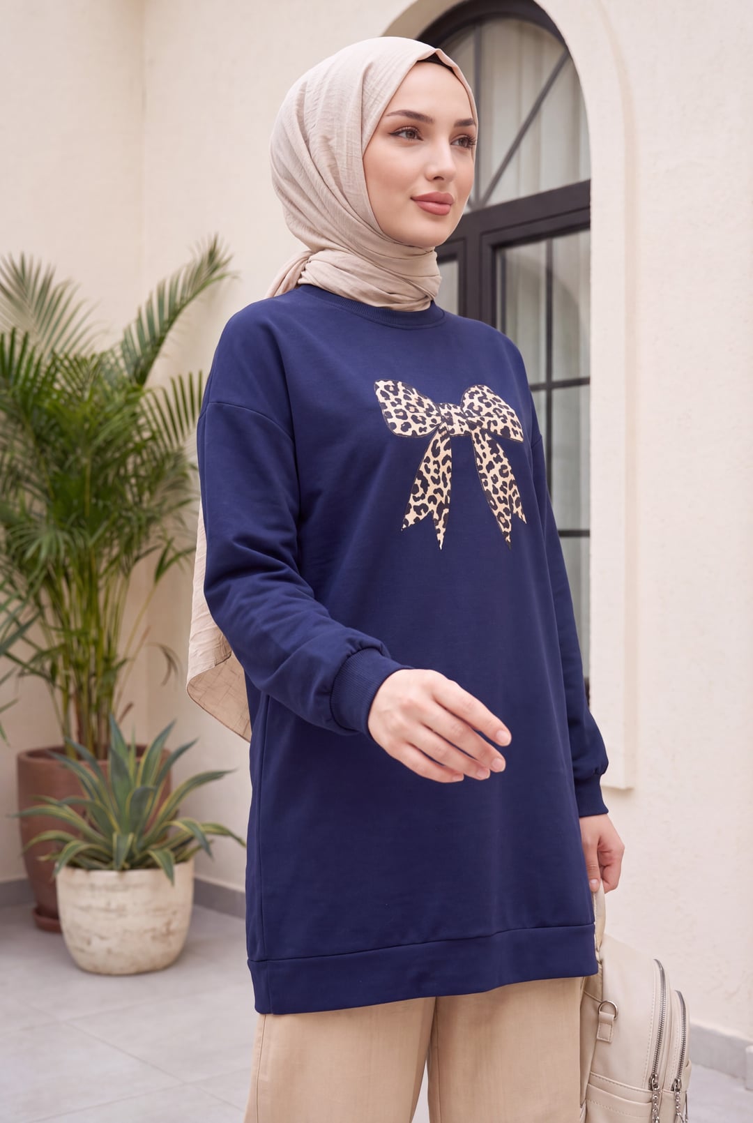 Round Neck Leopard Print Bow Oversized Tunic - Navy Blue - Podyumplus - by Peralane