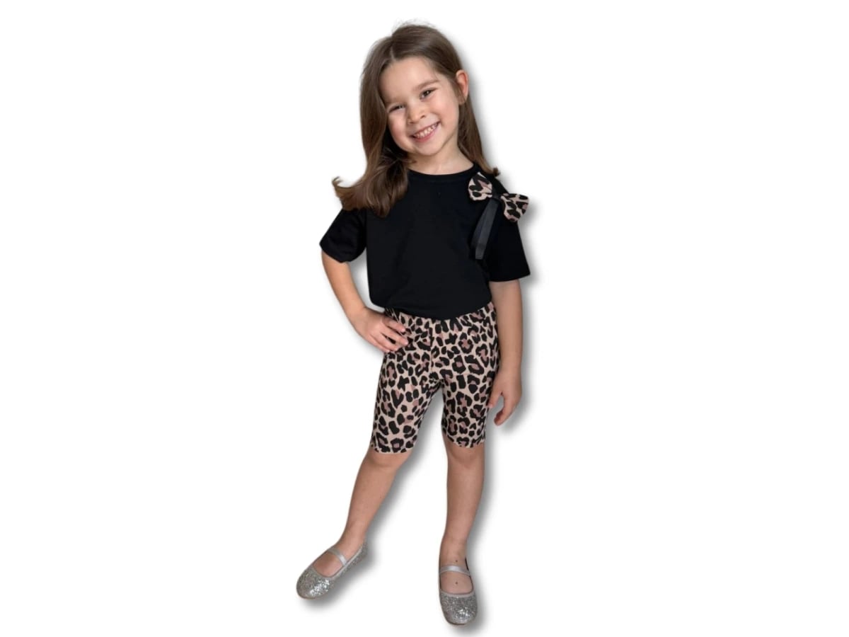 Bow Detail Leopard Print Girls' T-Shirt and Biker Shorts Set - Replikas - by Peralane