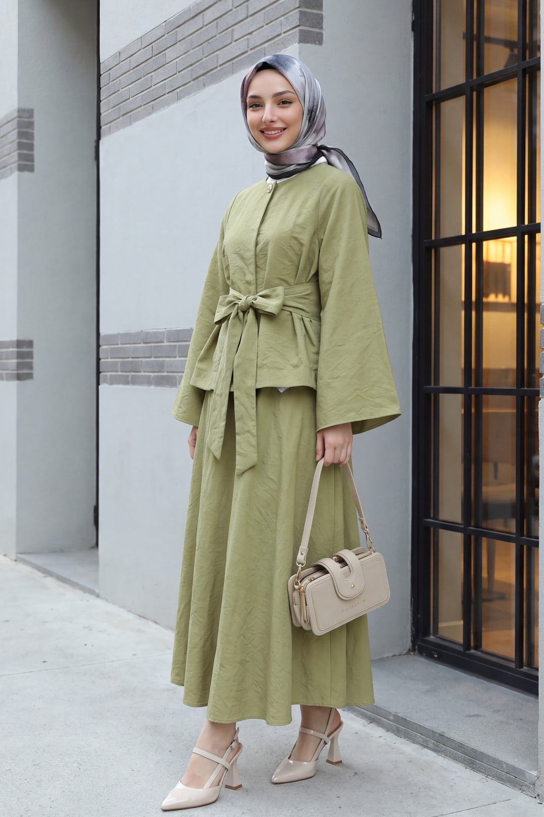 Two-Piece Modest Set with Belted Skirt - Olive Green - Podyumplus - by Peralane - photo 4