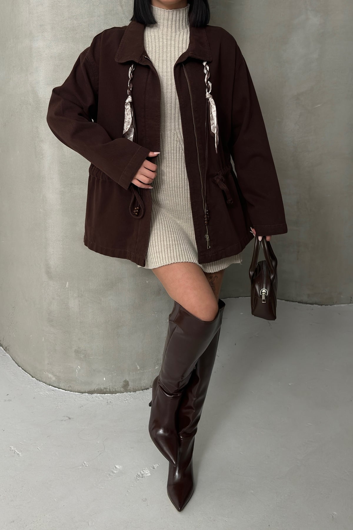 Drawstring Waist Denim Jacket 6145 Brown - Xlove - by Peralane - photo 4