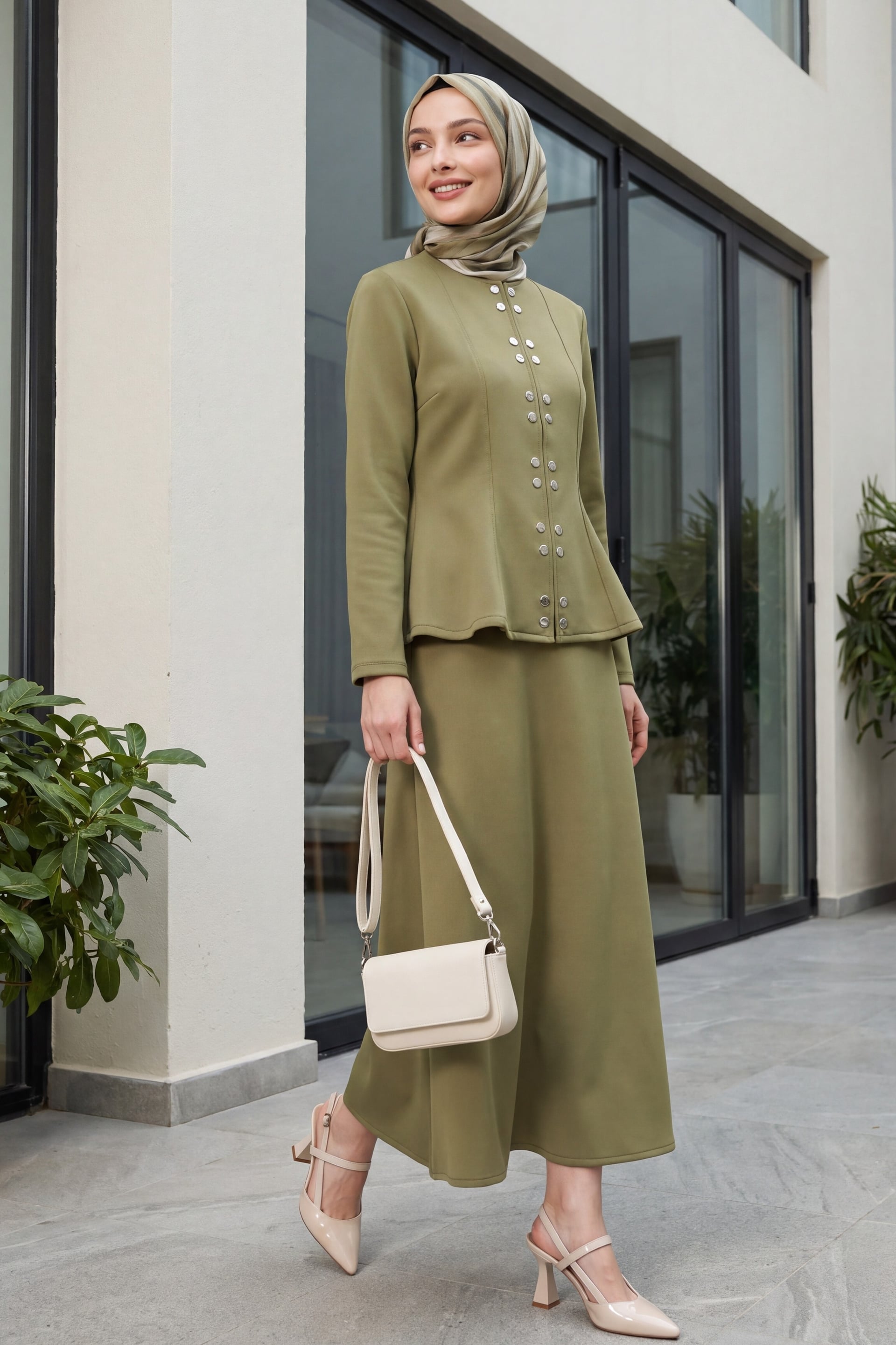 Women's Scuba Two-Piece Set with Peplum Jacket and Flared Skirt in Olive Green - Podyumplus - by Peralane - photo 4