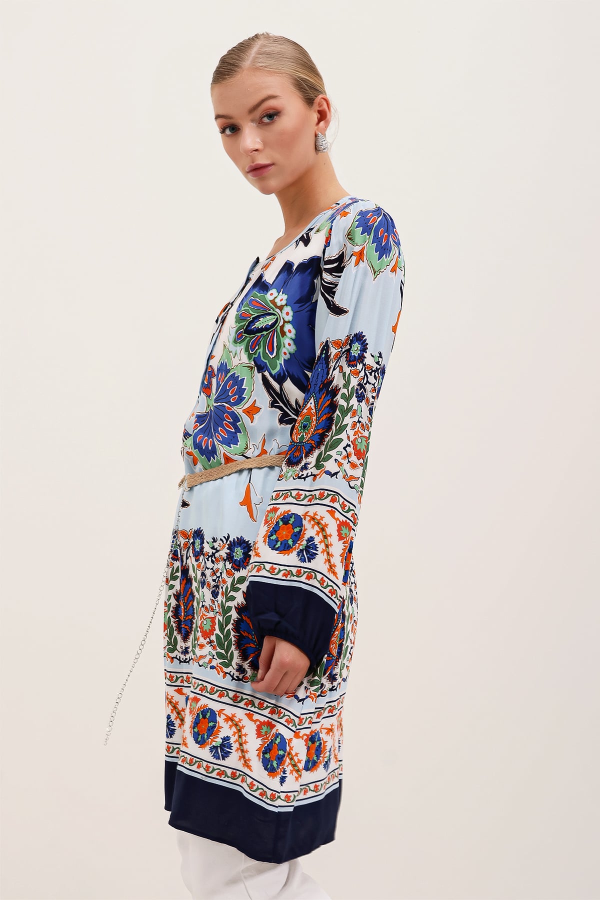 Belted Floral Paisley V-Neck Dress - Navy Blue - Bigdart - by Peralane