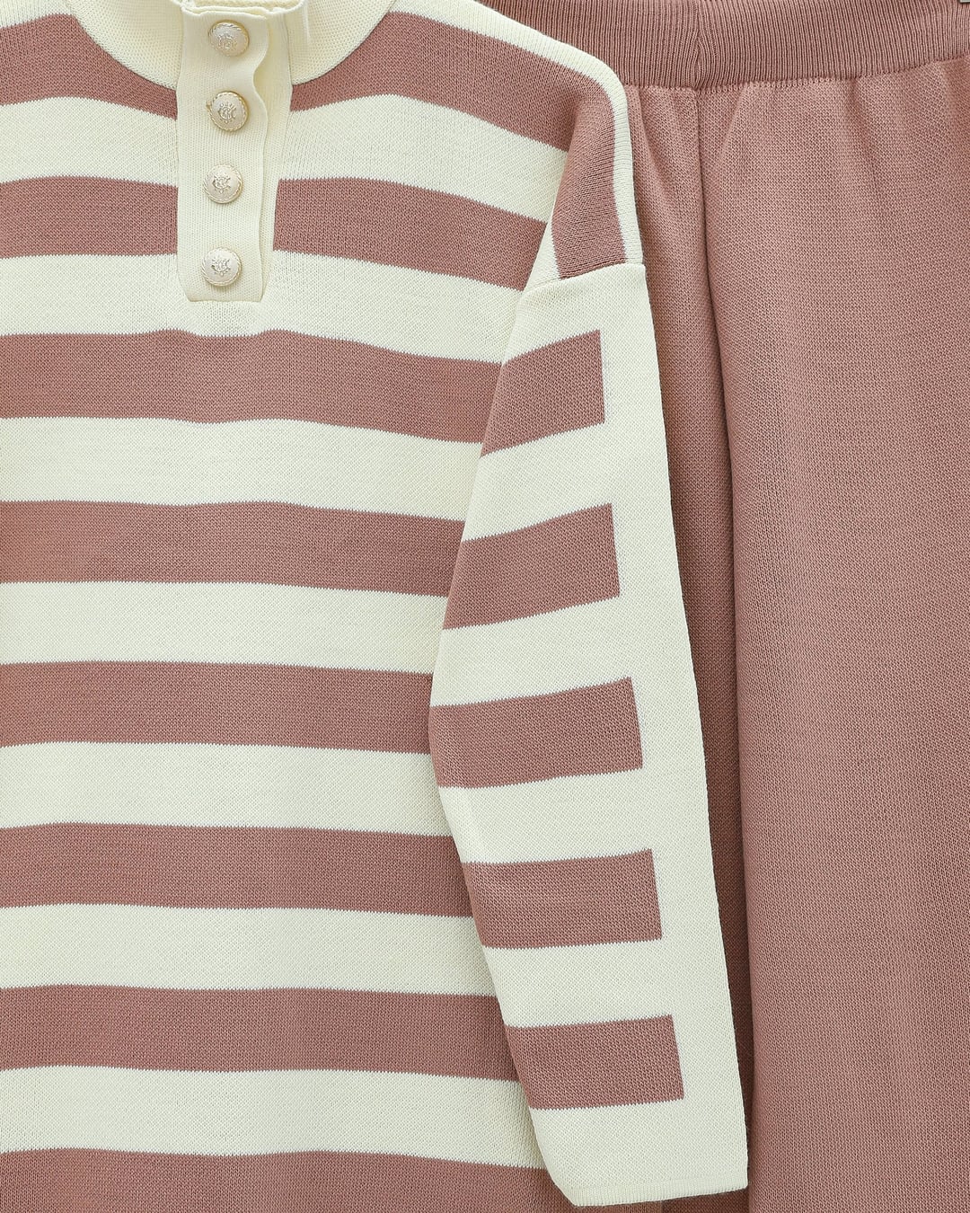 Half-Collar Buttoned Thick Striped Knit Lounge Set - Dusty Rose - Podyumplus - by Peralane - photo 6