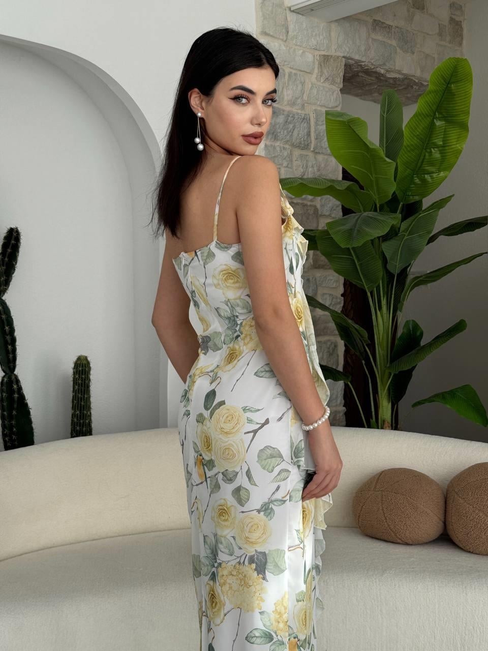 Sleeveless Midi Dress with Yellow Floral Print and Ruffled Straps - Etika - by Peralane - photo 7