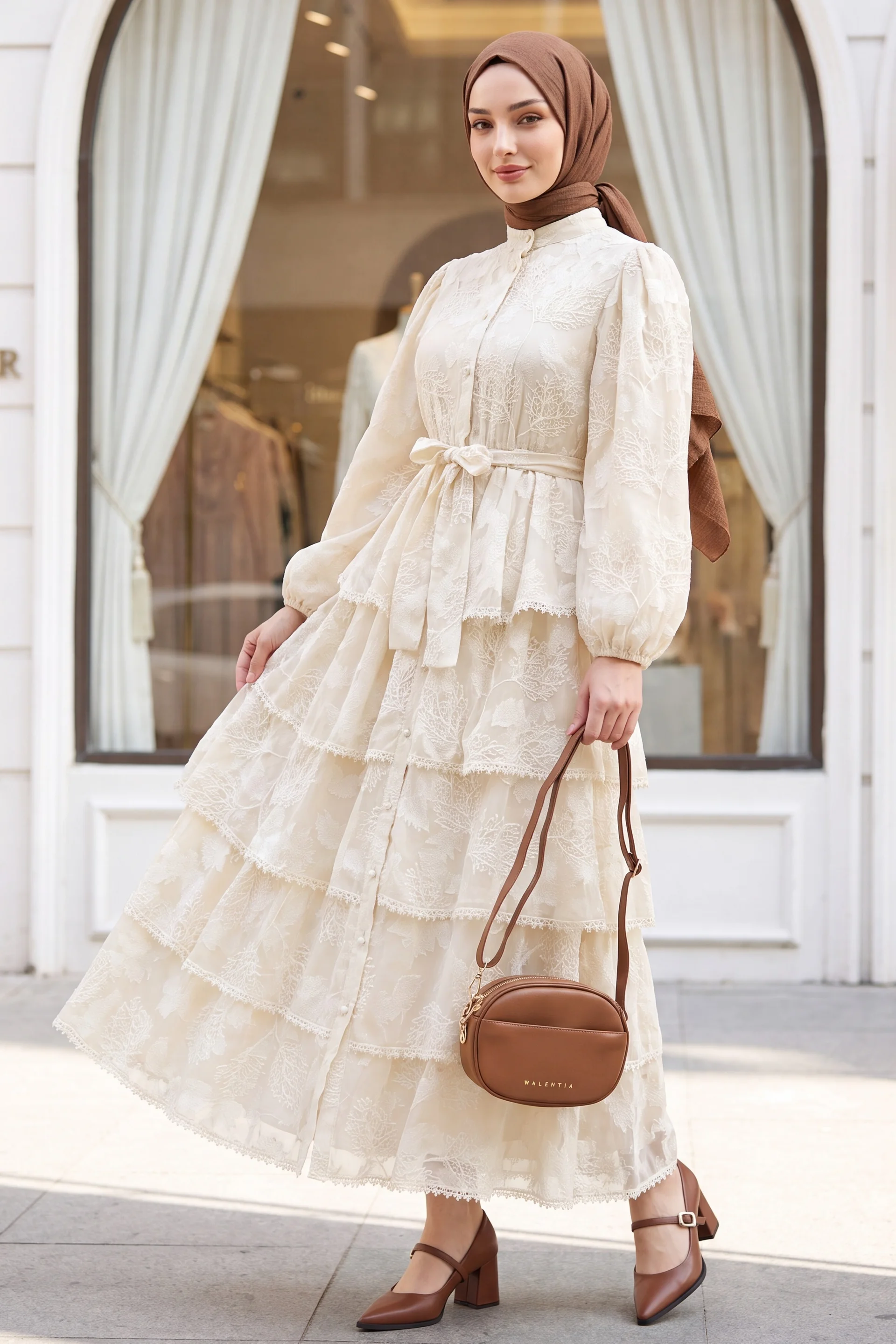 Beige Belted Lined Tiered Ruffled Print Chiffon Dress with Long Sleeves - Podyumplus - by Peralane - photo 5