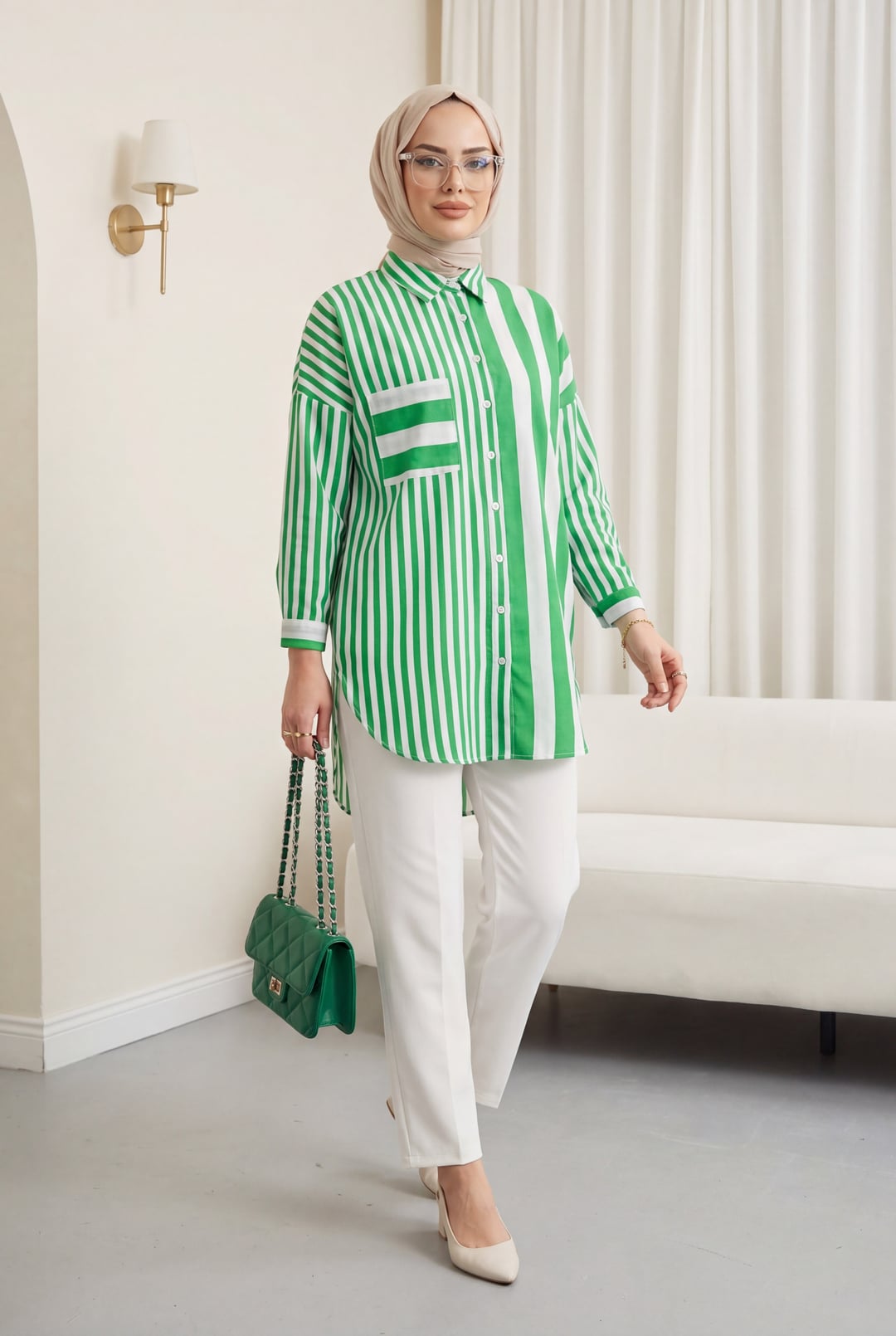 Striped Linen Look Blouse - Green - Podyumplus - by Peralane - photo 2