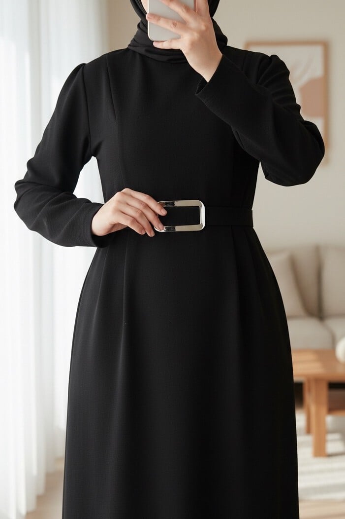 Long-Sleeved Karpuz Sleeve Belted Dress - Black - Podyumplus - by Peralane - photo 2