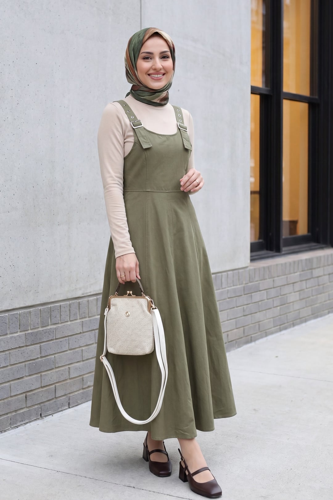 Olive Green Half Zip Strap Gabardine Pinafore Dress - Podyumplus - by Peralane - photo 3