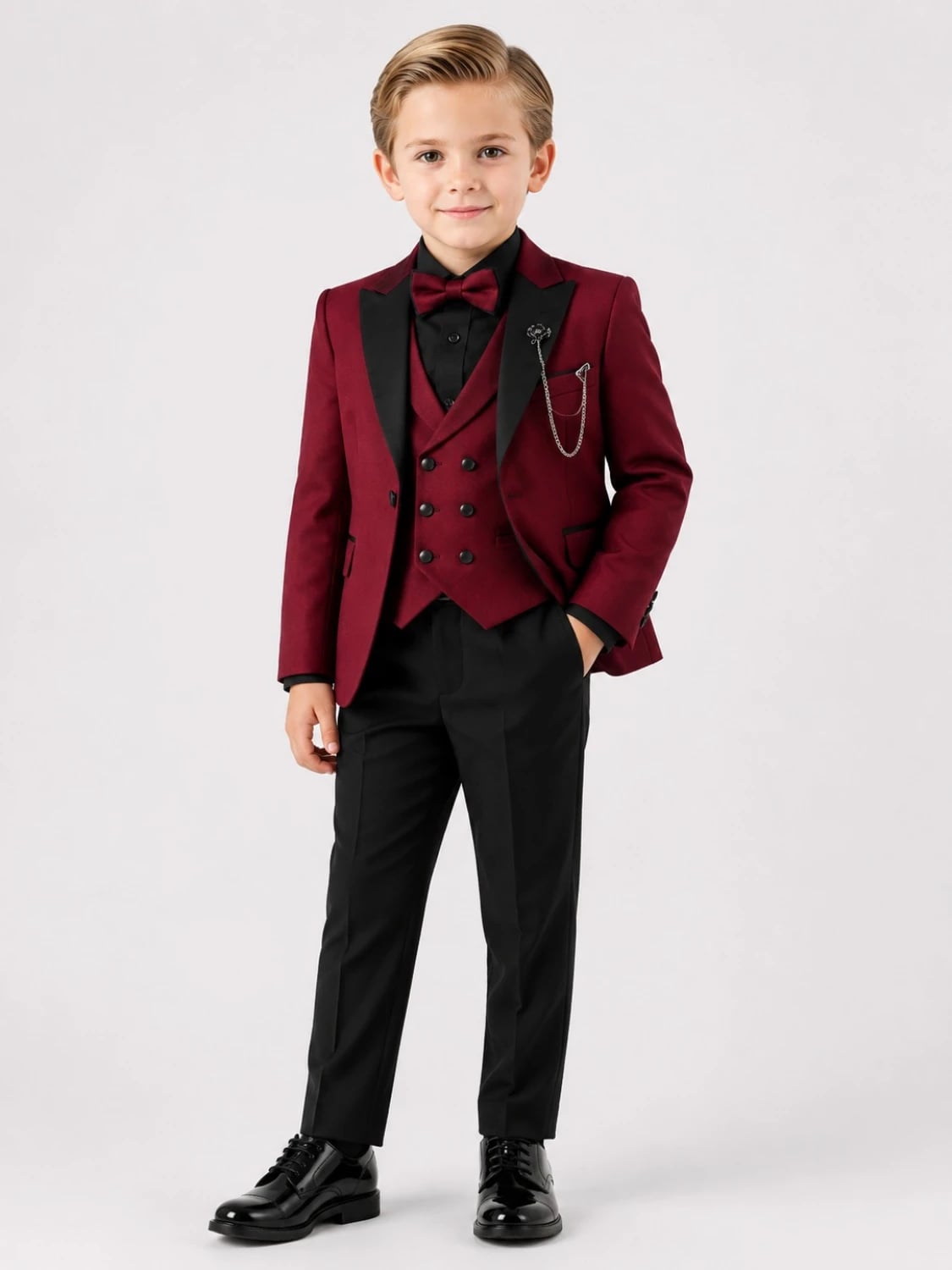 Boys Burgundy Tuxedo Suit Set with Bow Tie - Terry - by Peralane