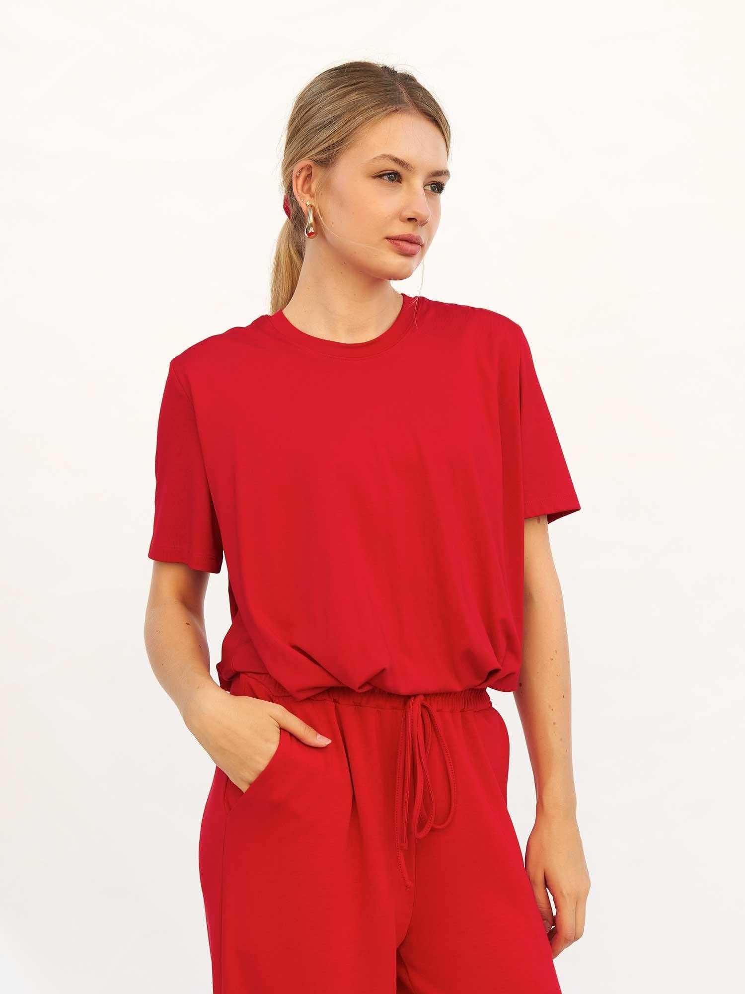 Women's Cotton-Blend Lounge T-Shirt and Trousers Set in Red - Lefon - by Peralane - photo 6