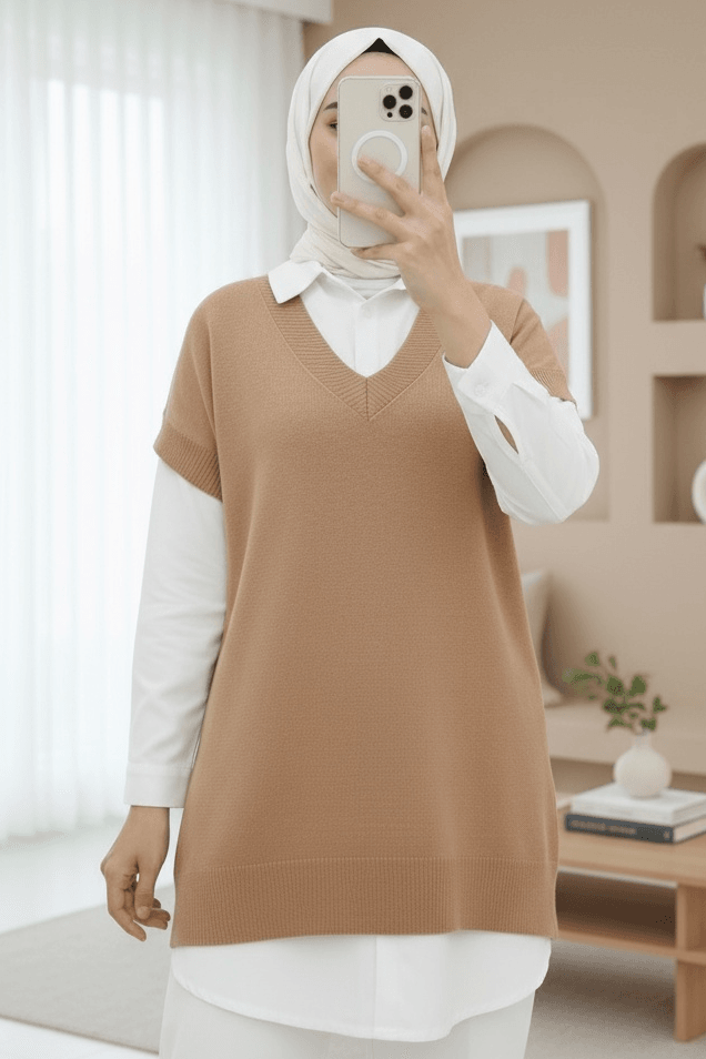 V-Neck Oversize Knit Sweater - Mink - Podyumplus - by Peralane