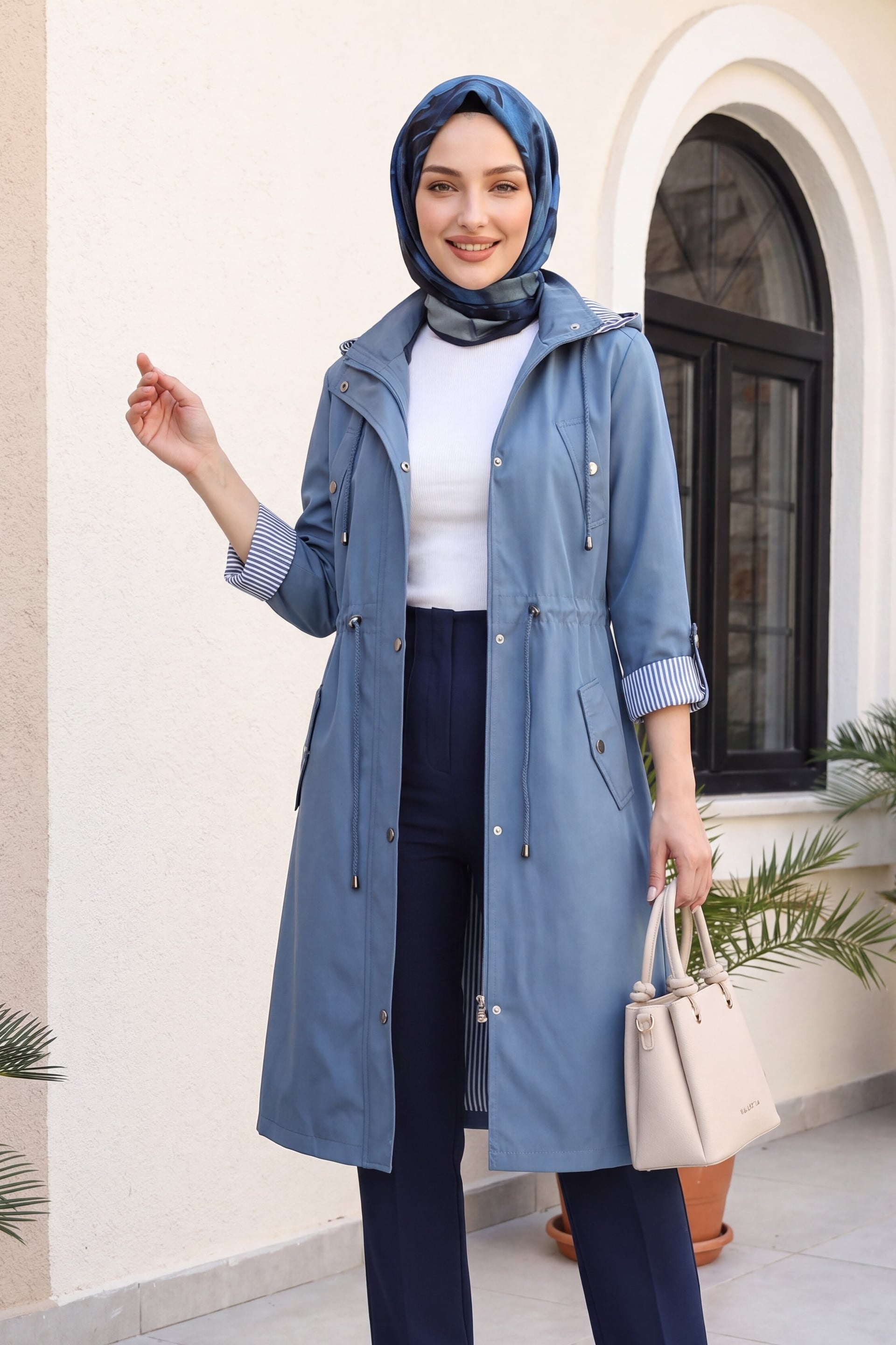Striped-Lined Trench Coat - Indigo - Podyumplus - by Peralane