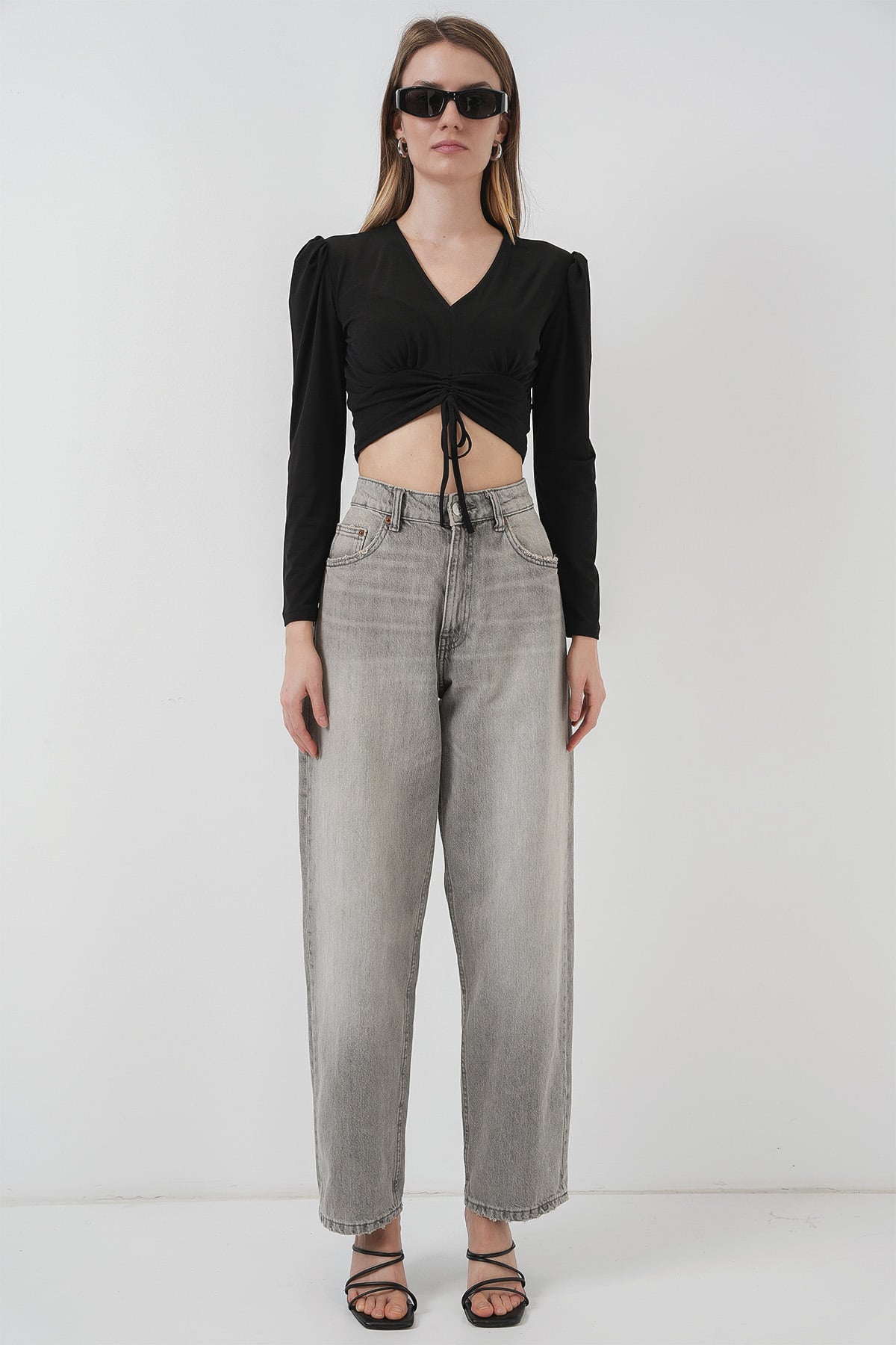 Sandy Crop Blouse with Drawstring V-Neck - Black - Bigdart - by Peralane