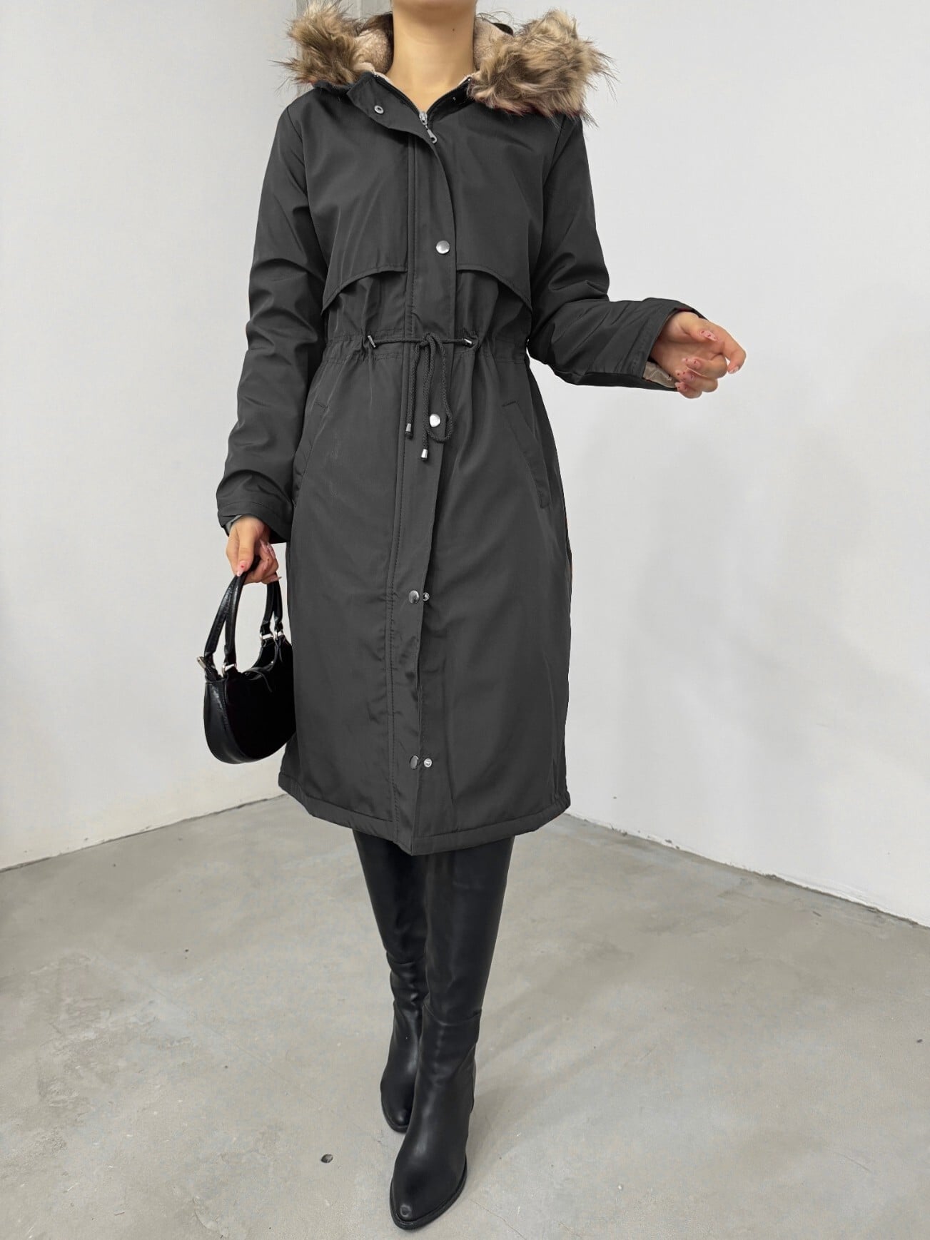 Black Long Coat with Hood, Faux Fur Trim and Drawstring Waist - Podyumplus - by Peralane - photo 4