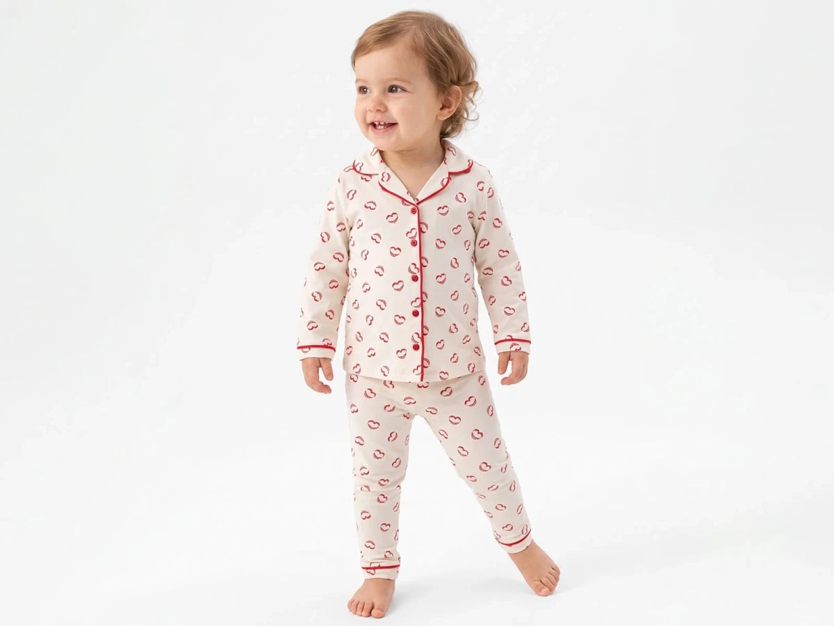 Kiss Print Buttoned Collar Baby Girl Pyjama Set - Dolas - by Peralane