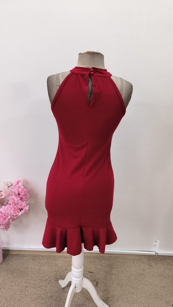 Women's Sleeveless Deep Red Halter Neck Ruffle Hem Short Dress - Janes - by Peralane - photo 8