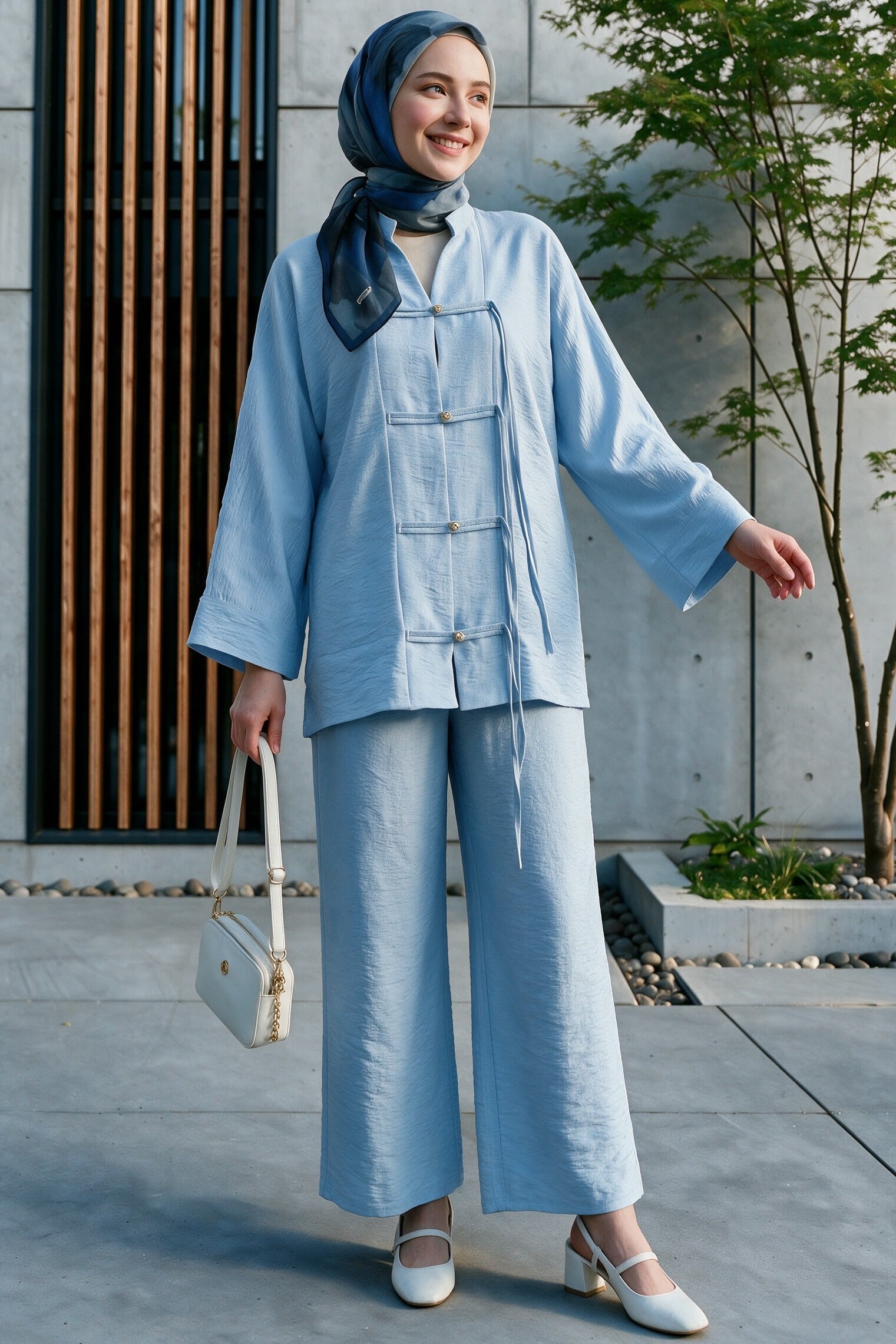 Wide-Leg Trousers and Long-Sleeve Top Set with Stone Details - Baby Blue - Podyumplus - by Peralane