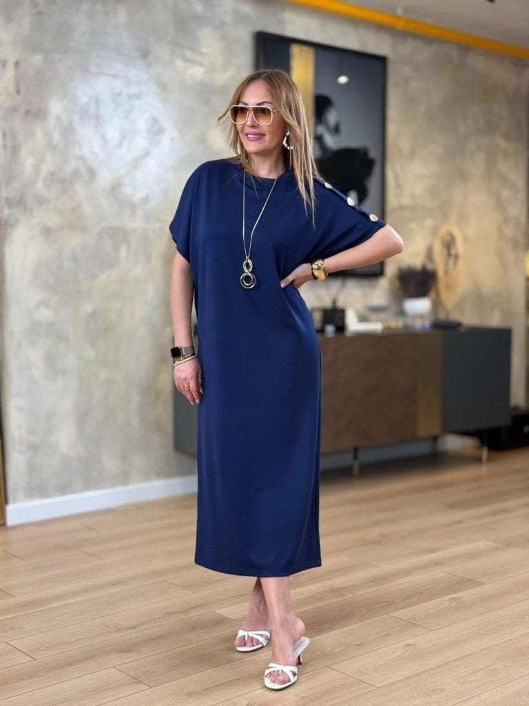 Women's Navy Blue Dolman Sleeve Button Shoulder Midi Knit Dress - Janes - by Peralane - photo 2