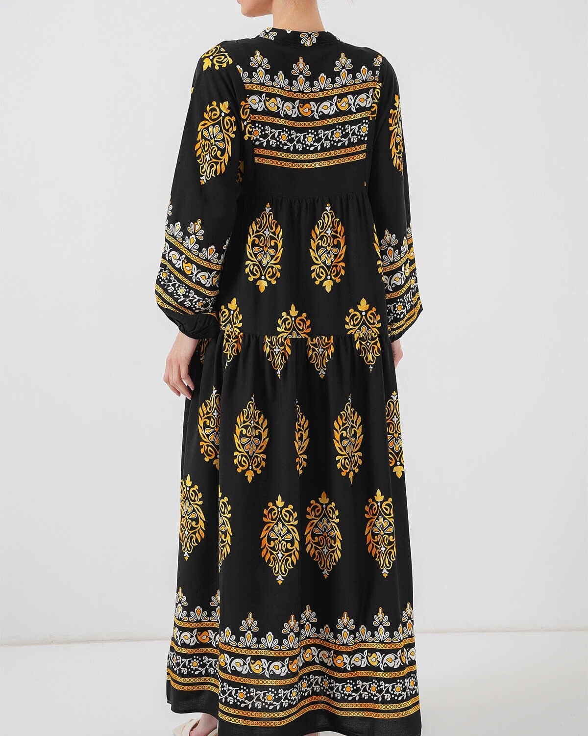 Black Authentic Pattern Modest Dress with V-Neck and Tiered Skirt - Bigdart - by Peralane - photo 5