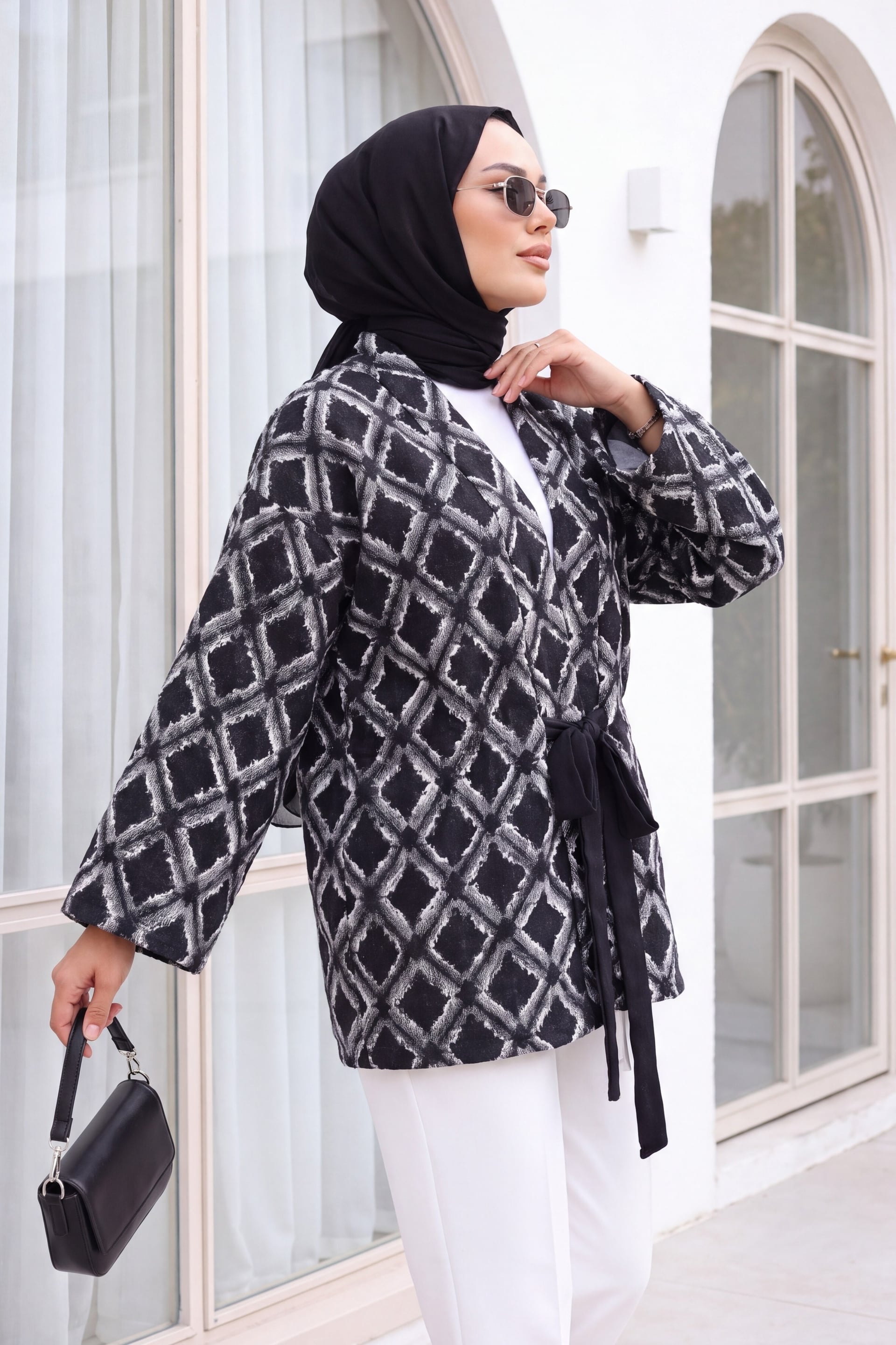 Tie-Waist Check Pattern Fringed Kimono - Dark Navy - Podyumplus - by Peralane
