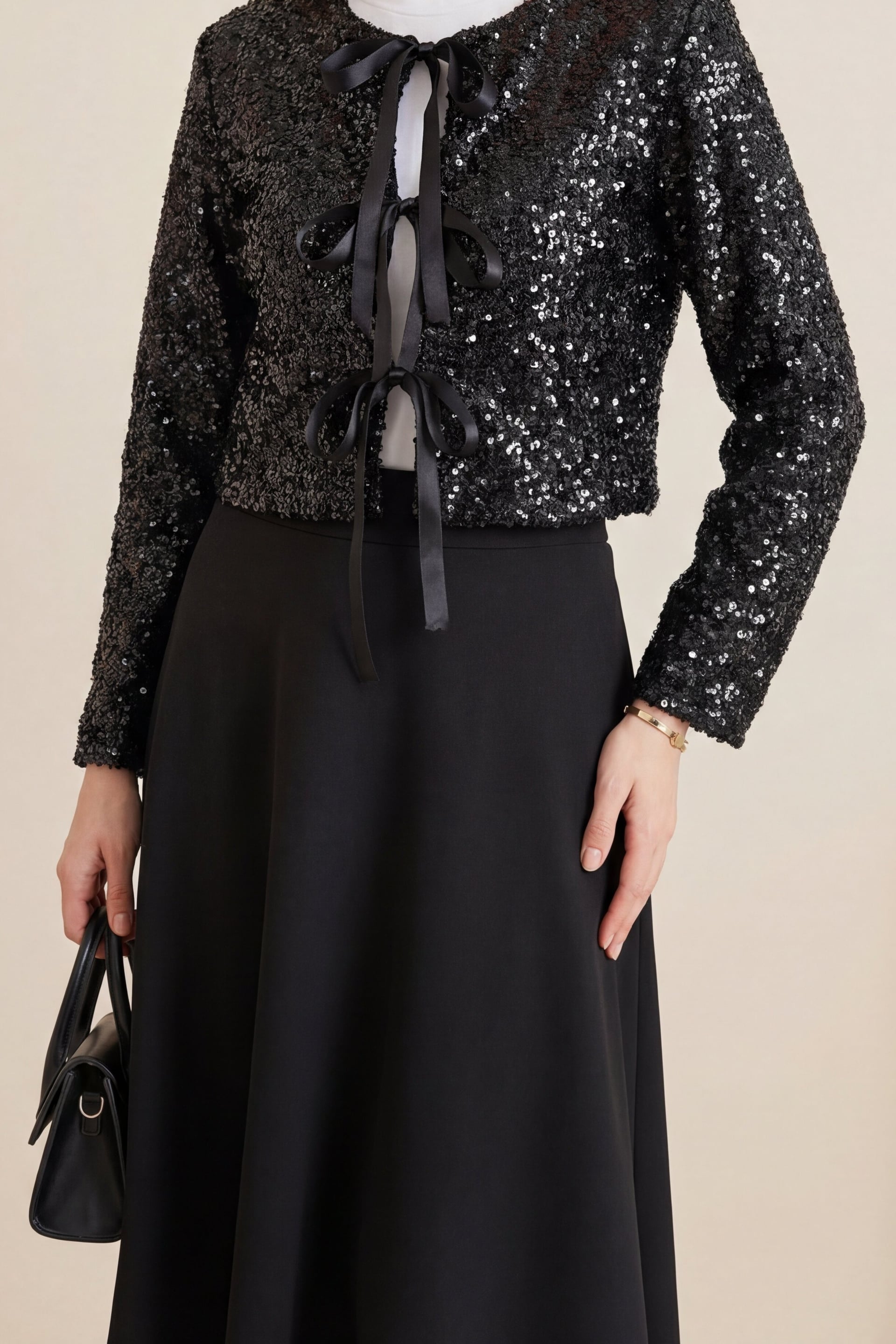 Sequined Jacket and Flared Skirt Suit in Black - Podyumplus - by Peralane - photo 2