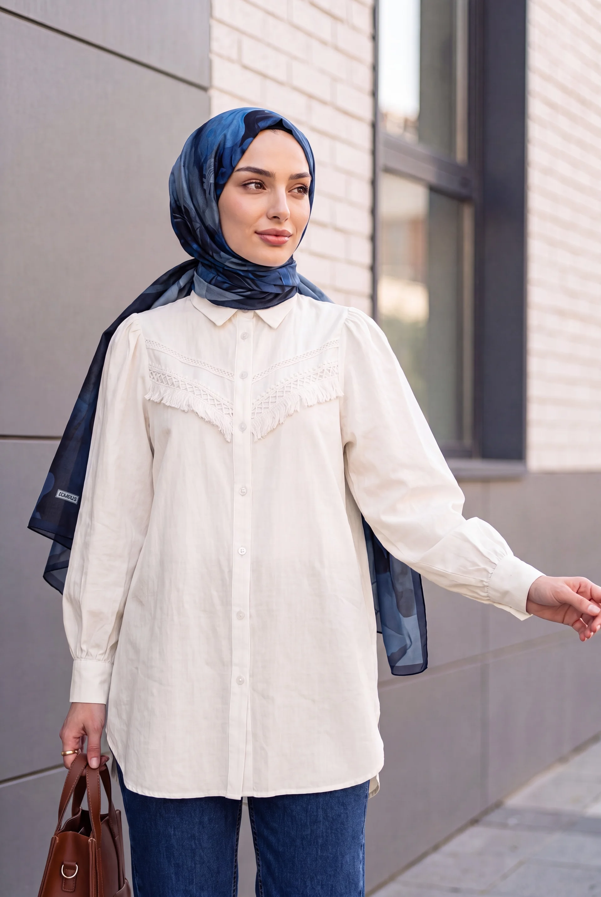 Ecru Balloon Sleeve Blouse with Lace Trim - Podyumplus - by Peralane - photo 3