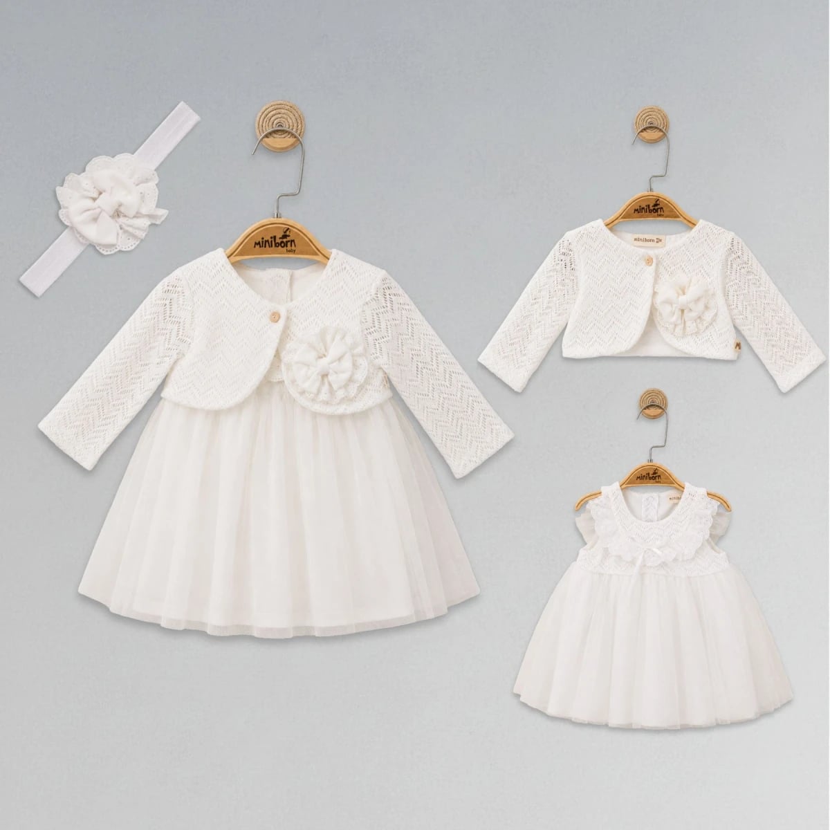 Baby Girl Special Occasion Dress, Cardigan, and Headband Set - Ecru (Pack of 4) - Miniborn - by Peralane