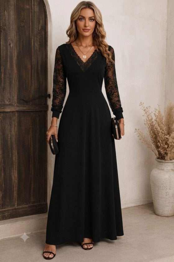 Women's Long-Sleeve V-Neck Lace Trim Long Crepe Dress - Janes - by Peralane - photo 3