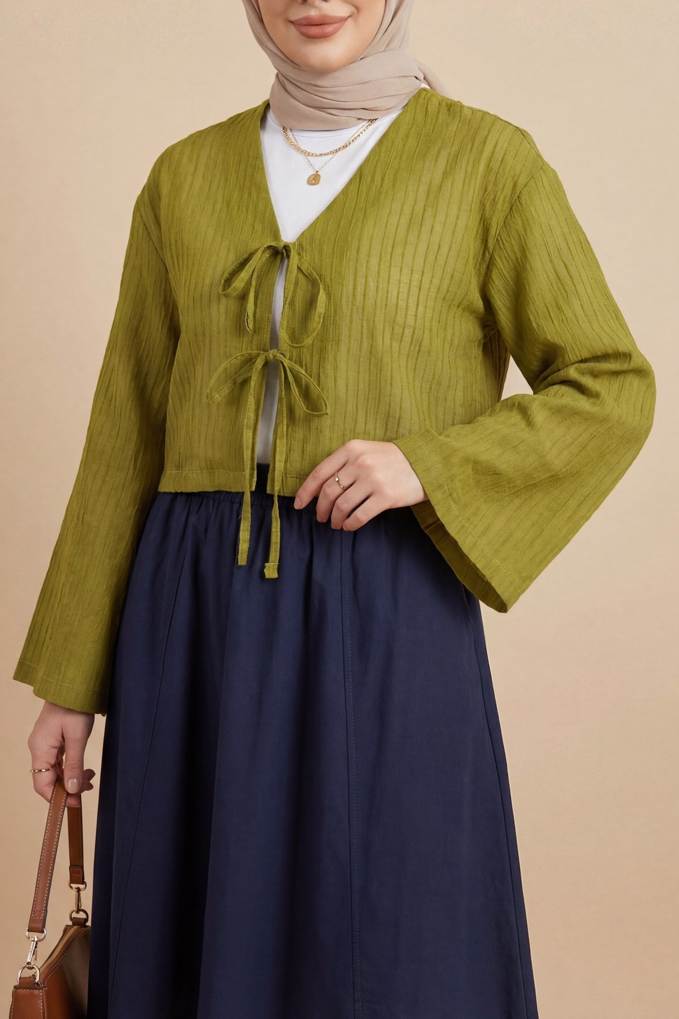 Olive Green Tie-Front Bell Sleeve Knit Cardigan - Podyumplus - by Peralane - photo 2