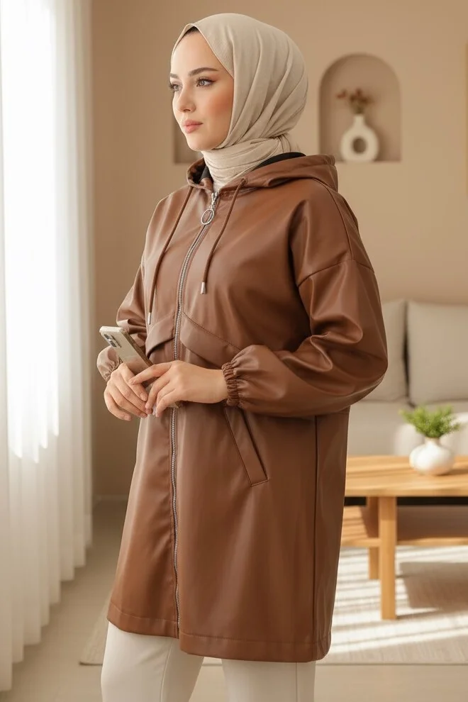 Women's Brown Faux Leather Zip-Up Hooded Coat with Pockets - Podyumplus - by Peralane