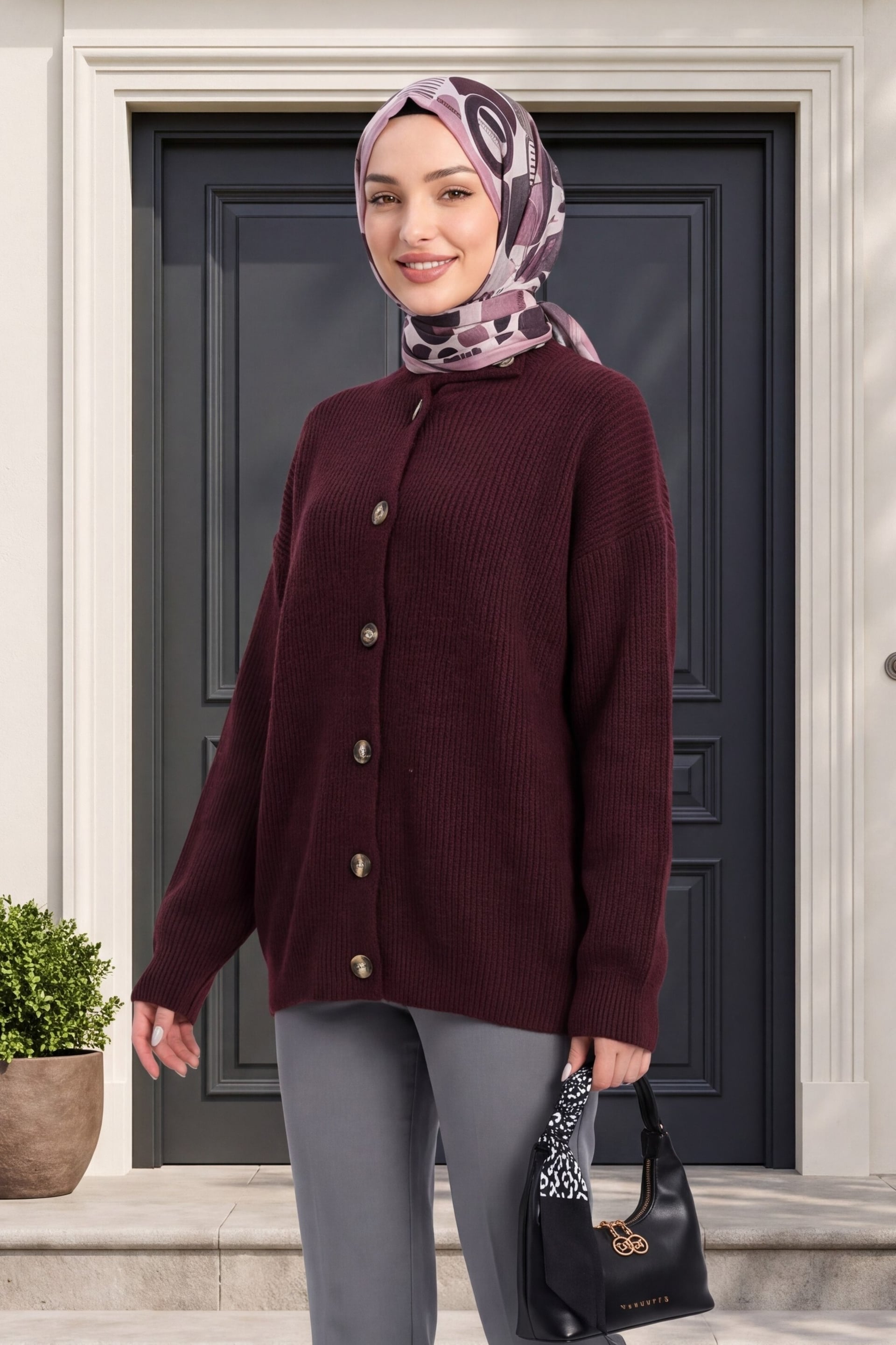 Half-Neck Button-Front Relaxed Fit Knit Cardigan - Burgundy - Podyumplus - by Peralane - photo 3