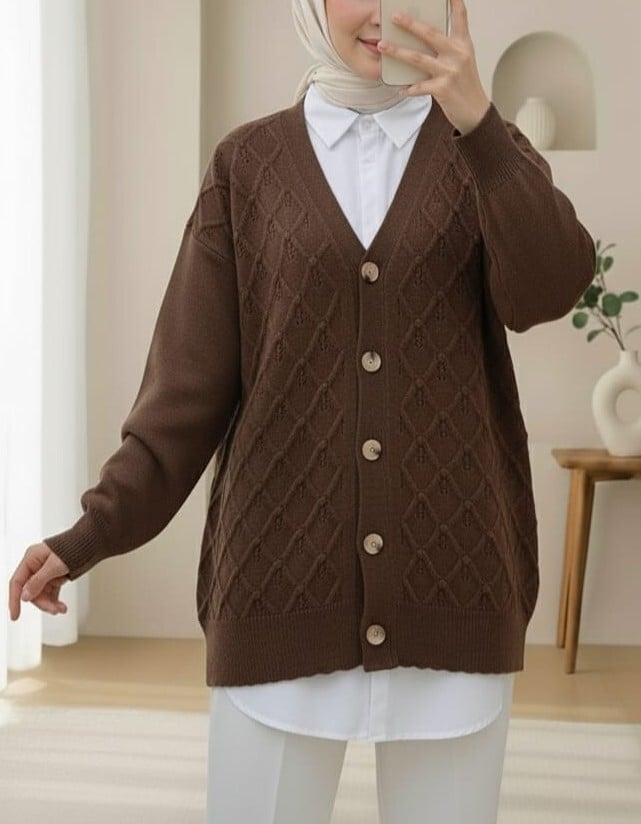 V-Neck Large Button Patterned Knit Cardigan - Brown - Podyumplus - by Peralane - photo 2