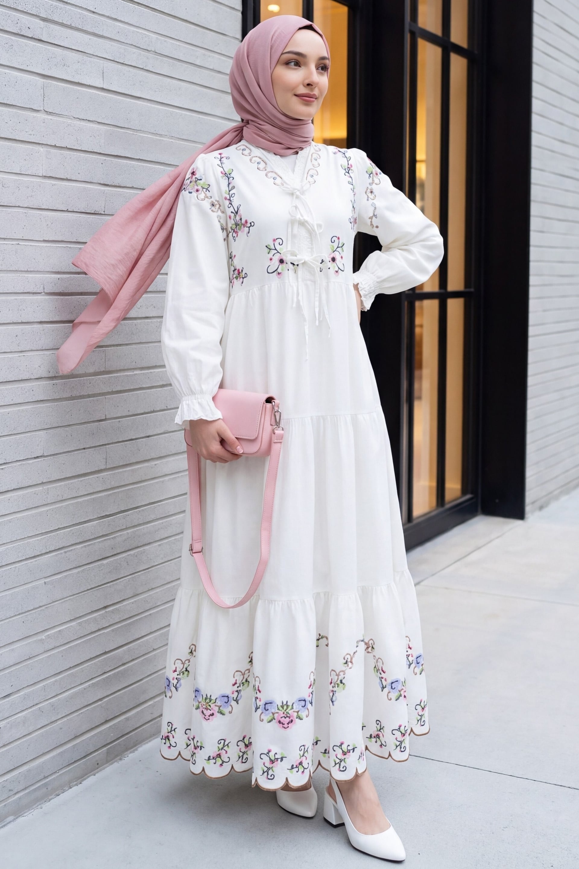 V-Neck Ruffled Embroidery Linen Dress - White - Podyumplus - by Peralane
