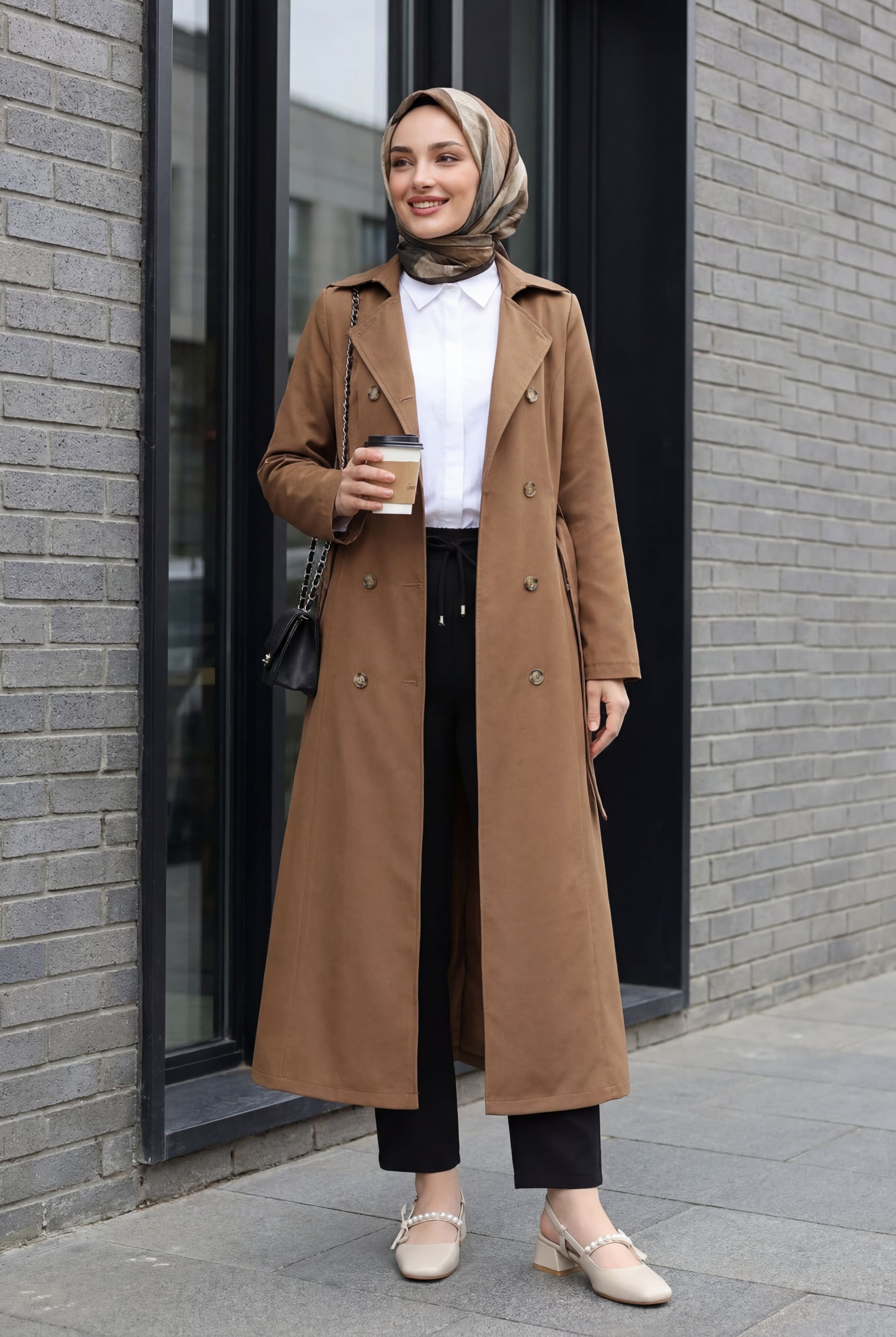 Women's Double-Breasted Belted Trench Coat in Brown - Podyumplus - by Peralane - photo 2
