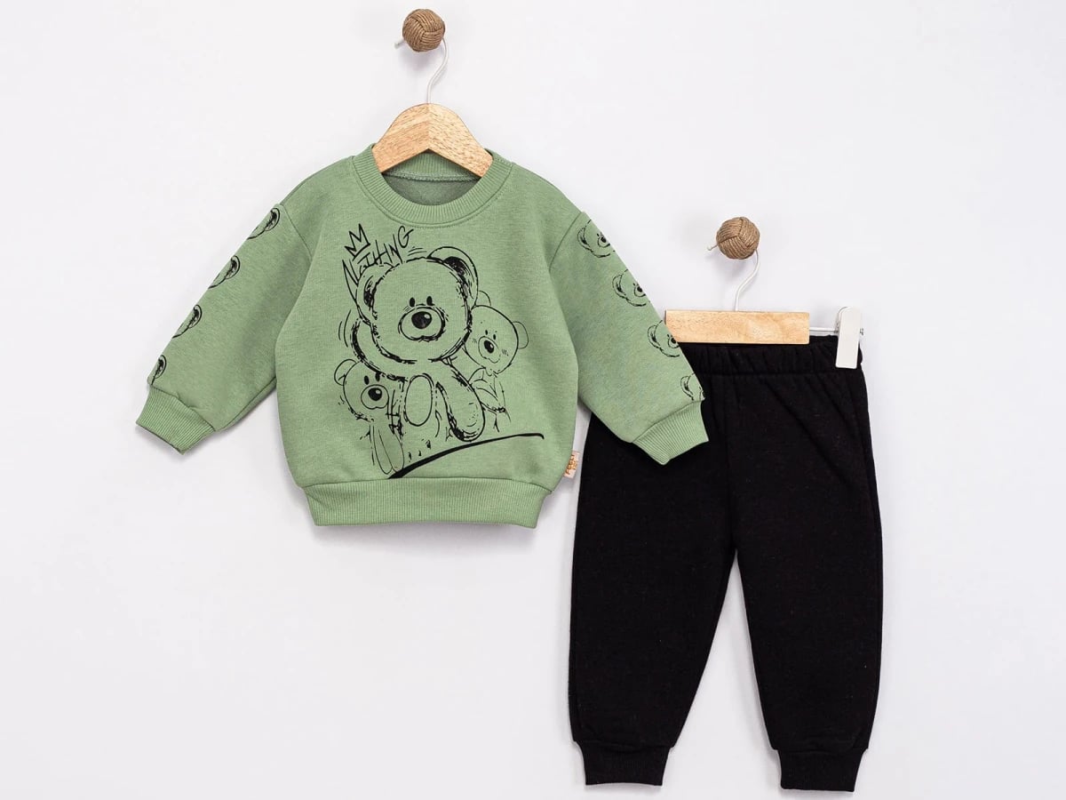Boys' Teddy Bear Print Sweatshirt and Trousers Set - Green - Feely Kids - by Peralane