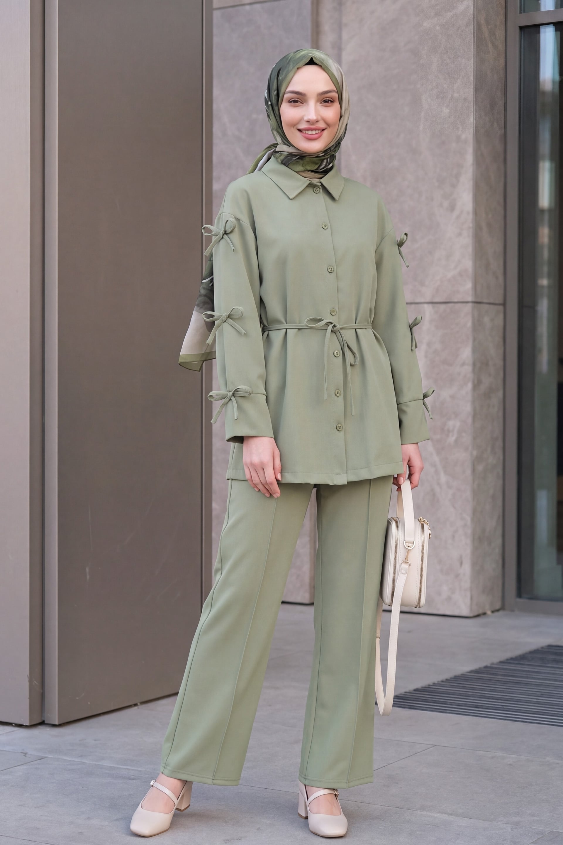 Bow Detail Imported Crepe Shirt and Trousers Set - Pale Green - Podyumplus - by Peralane - photo 3