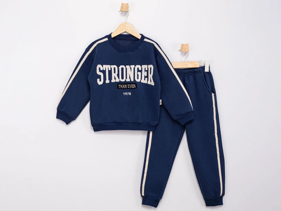 Stronger Printed 3-Thread Brushed Boys' Tracksuit Set in Navy Blue - Feely Kids - by Peralane