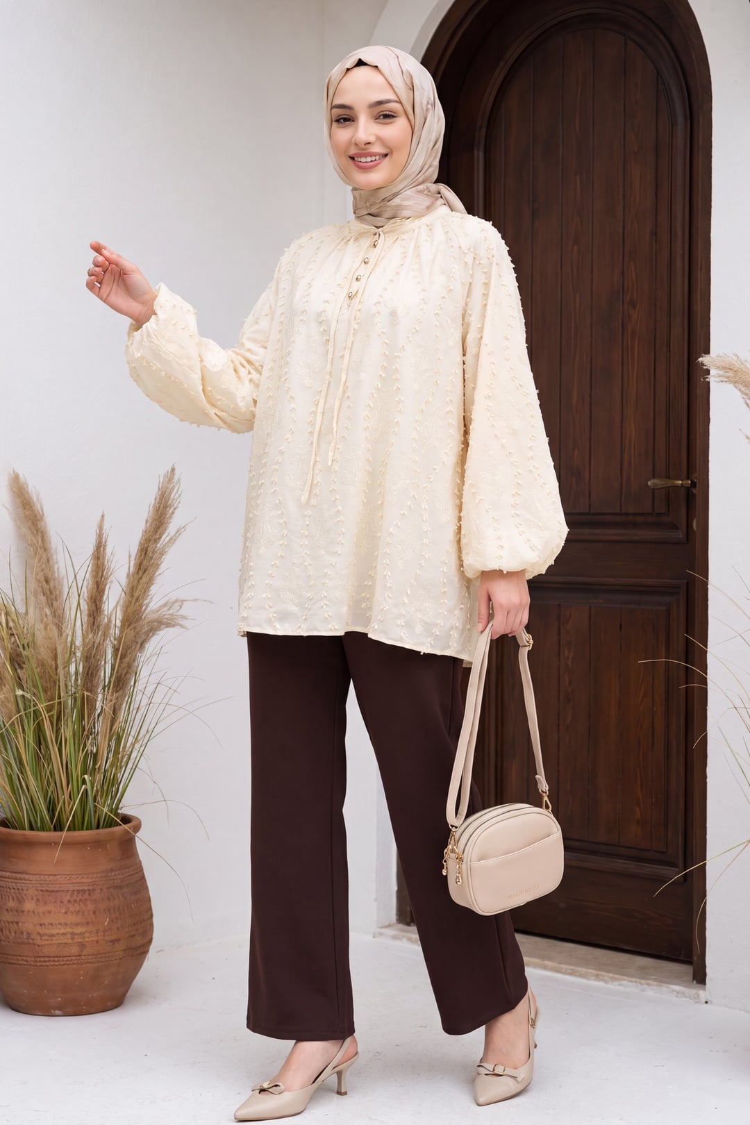 Lace-Up Collar Buttoned Lined Embroidered Oversize Linen Tunic - Yellow - Podyumplus - by Peralane - photo 4