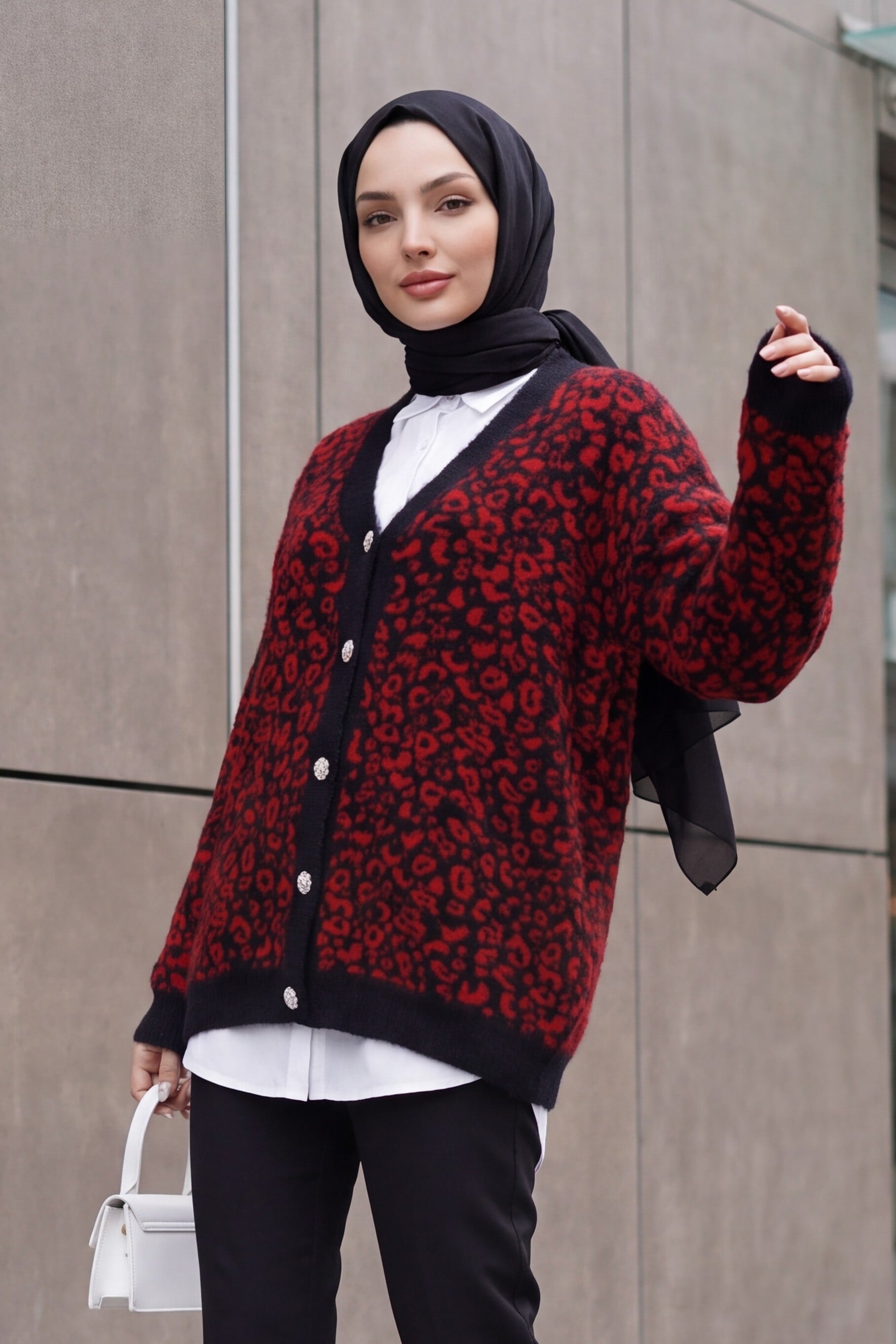 Leopard Print Buttoned Oversize Knit Cardigan - Red - Podyumplus - by Peralane - photo 2