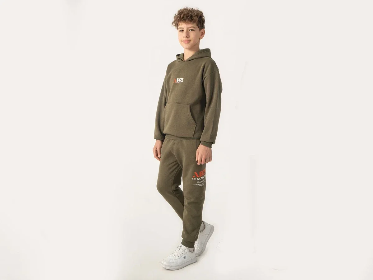 Boys' Hooded Sweatshirt and Trousers Set in Olive Green - Ruhat Kids - by Peralane