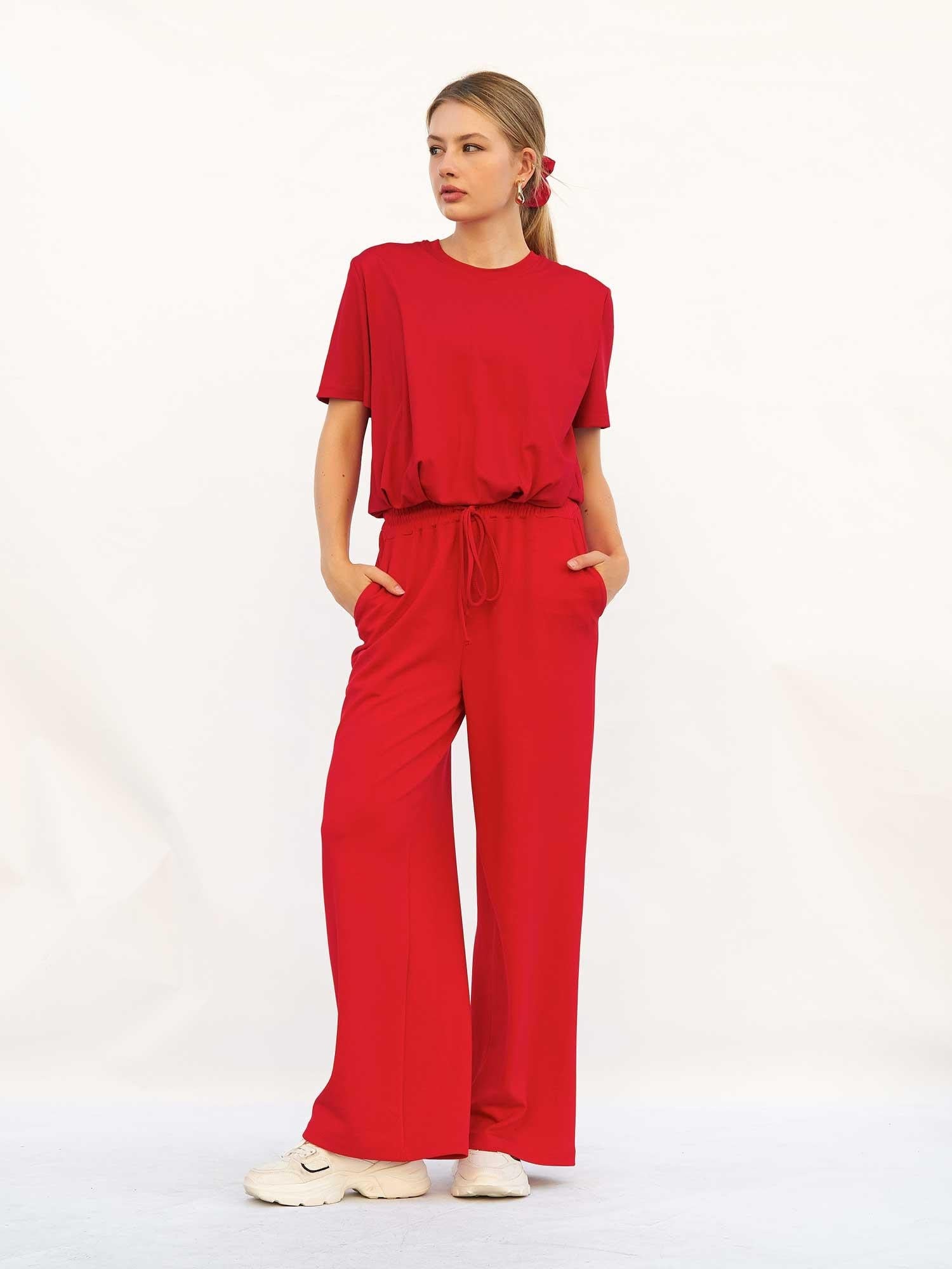 Women's Wide-Leg Trousers with Elastic Waist in Bright Red - Lefon - by Peralane - photo 4