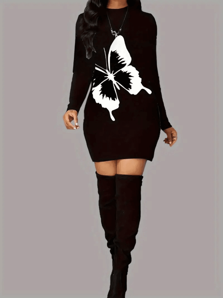 Women's Long Sleeve Round Neck Butterfly Print Stretch Knit Dress - Janes - by Peralane - photo 3