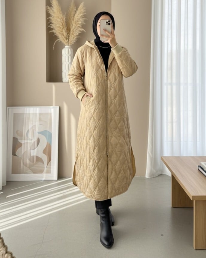 Women's Quilted Hooded Coat with Zip Front - Beige - Podyumplus - by Peralane - photo 3