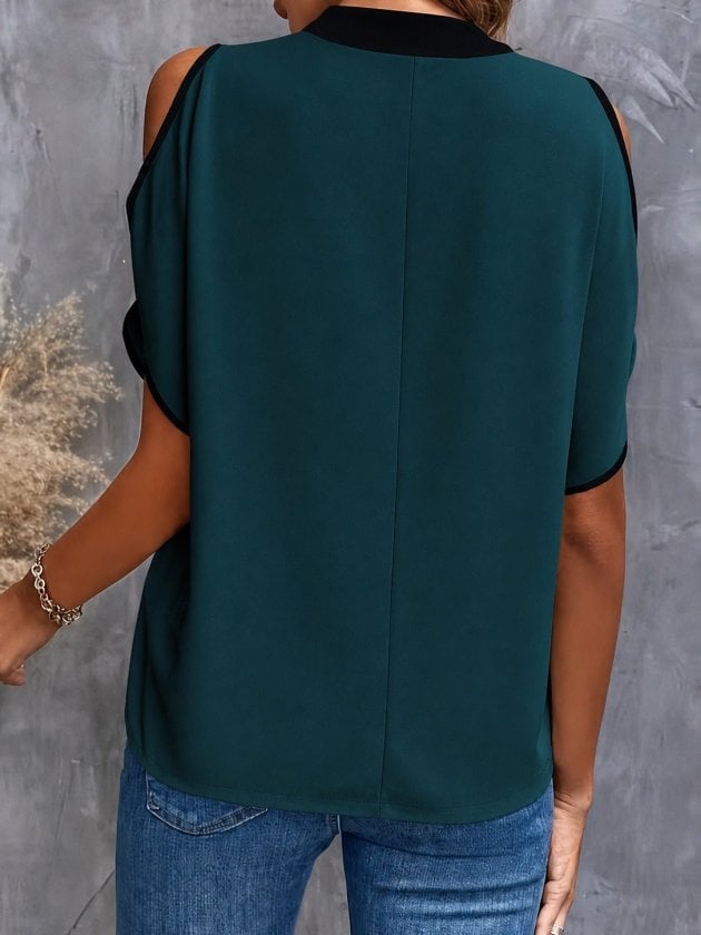 Women's Short-Sleeve V-Neck Crepe Blouse in Deep Teal - Janes - by Peralane - photo 3