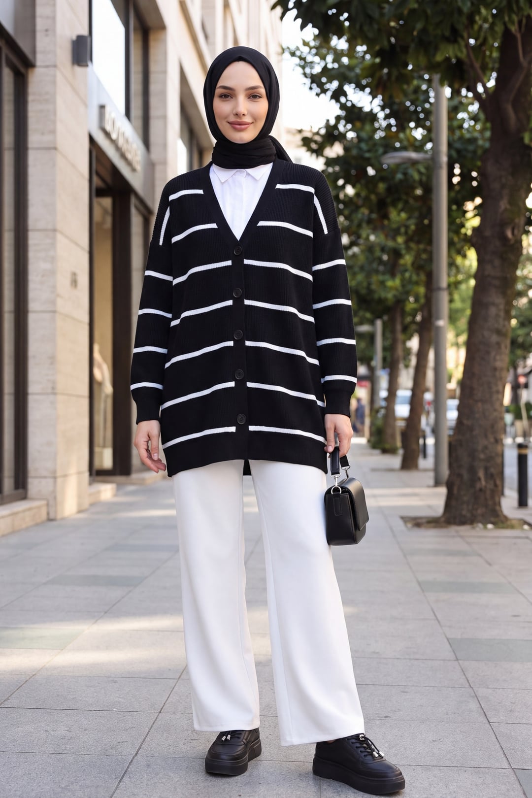 Striped Button-Front Knit Cardigan - Black - Podyumplus - by Peralane - photo 3